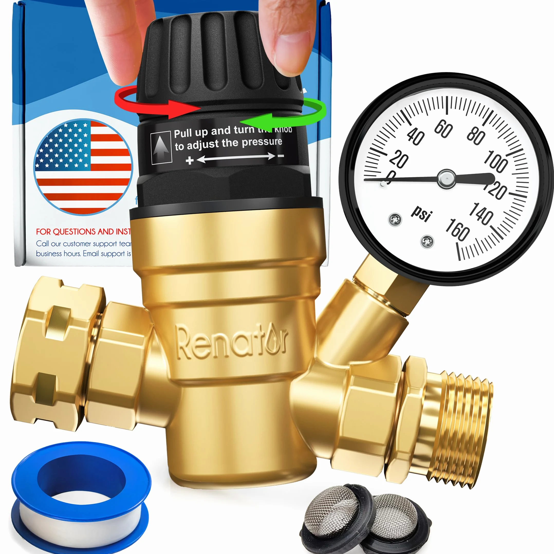 Renator Regulador de presión de agua RV para cámper, regulador de presión de agua ajustable sin plomo de latón con manómetro. Regulador de agua RV para caravana remolque de viaje, válvula reductora W