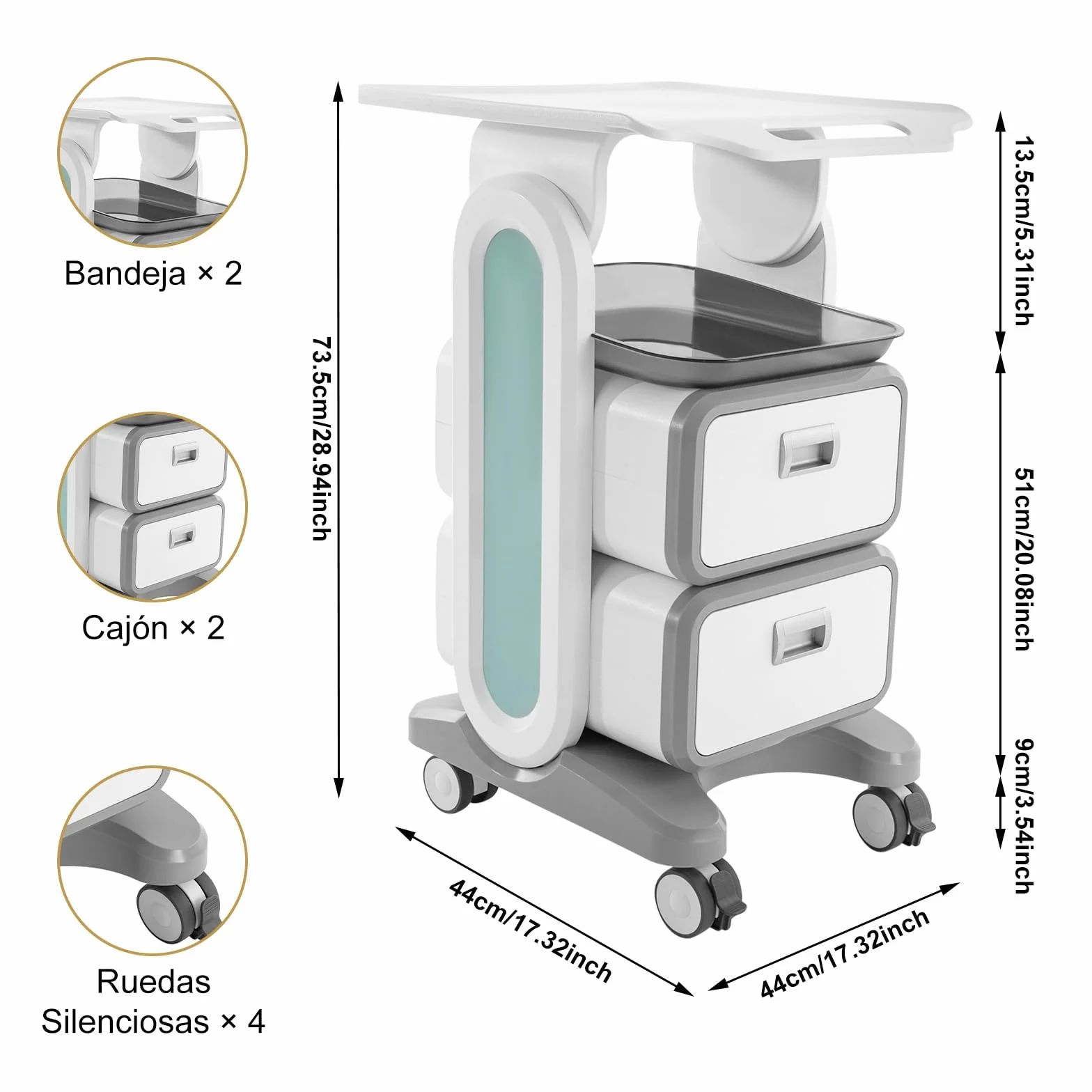 Carrito Médico con 2 Cajones, Carro de Almacenamiento Rodante para Laboratorio y Dental