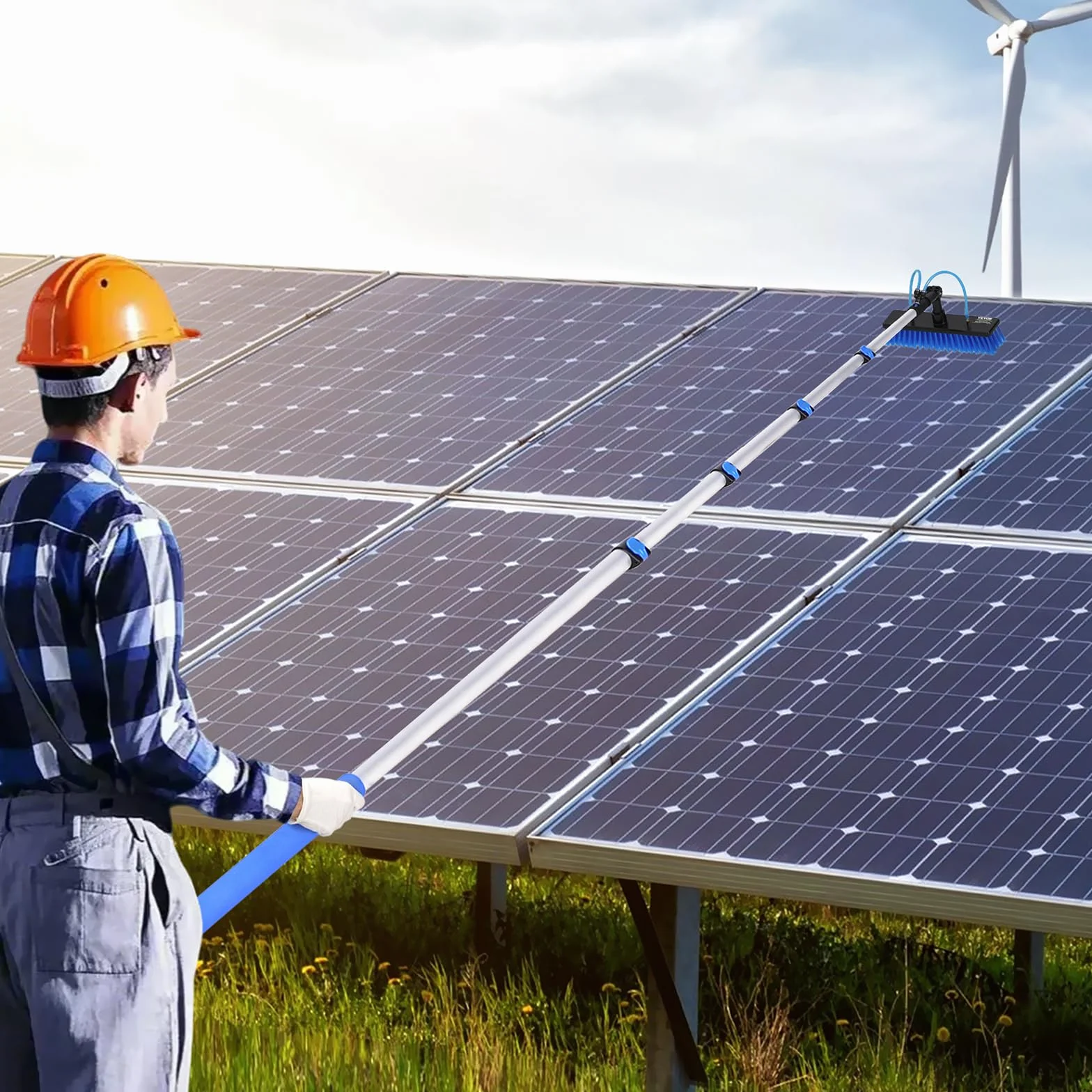 VEVOR Kit de Barra de Alimentación de Agua, Barra de Limpieza de Paneles Solares de 9 m con Mango Extensible, Cabezal de Cepillo Giratorio de 180° y Manguera de 20 m, para el Hogar y Exteriores
