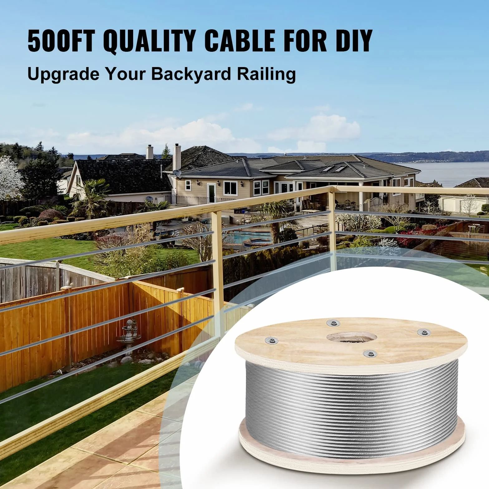 VEVOR Cable de Acero Inoxidable 152 m Cable de Acero Inoxidable Bobina de 4,8 mm Cable de Suspensión 1x19 Hilos Resistencia a la Rotura 1905,1 kg para Barandillas de Escaleras Tendedero Colgar Luces