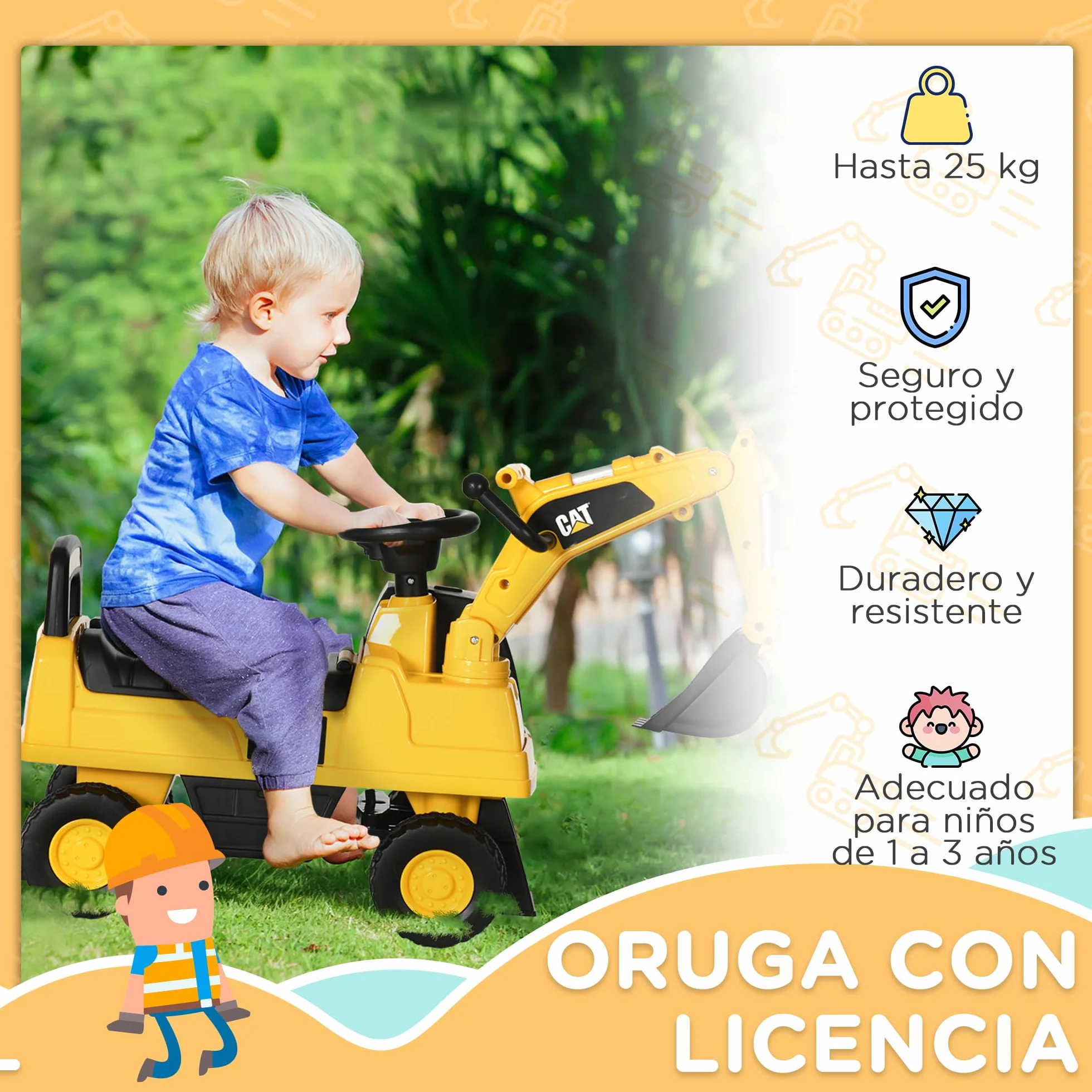 Caterpillar HOMCOM Excavadora Correpasillos para Niños 12-36 Meses 25 kg 85x27,5x47,5 cm Amarillo