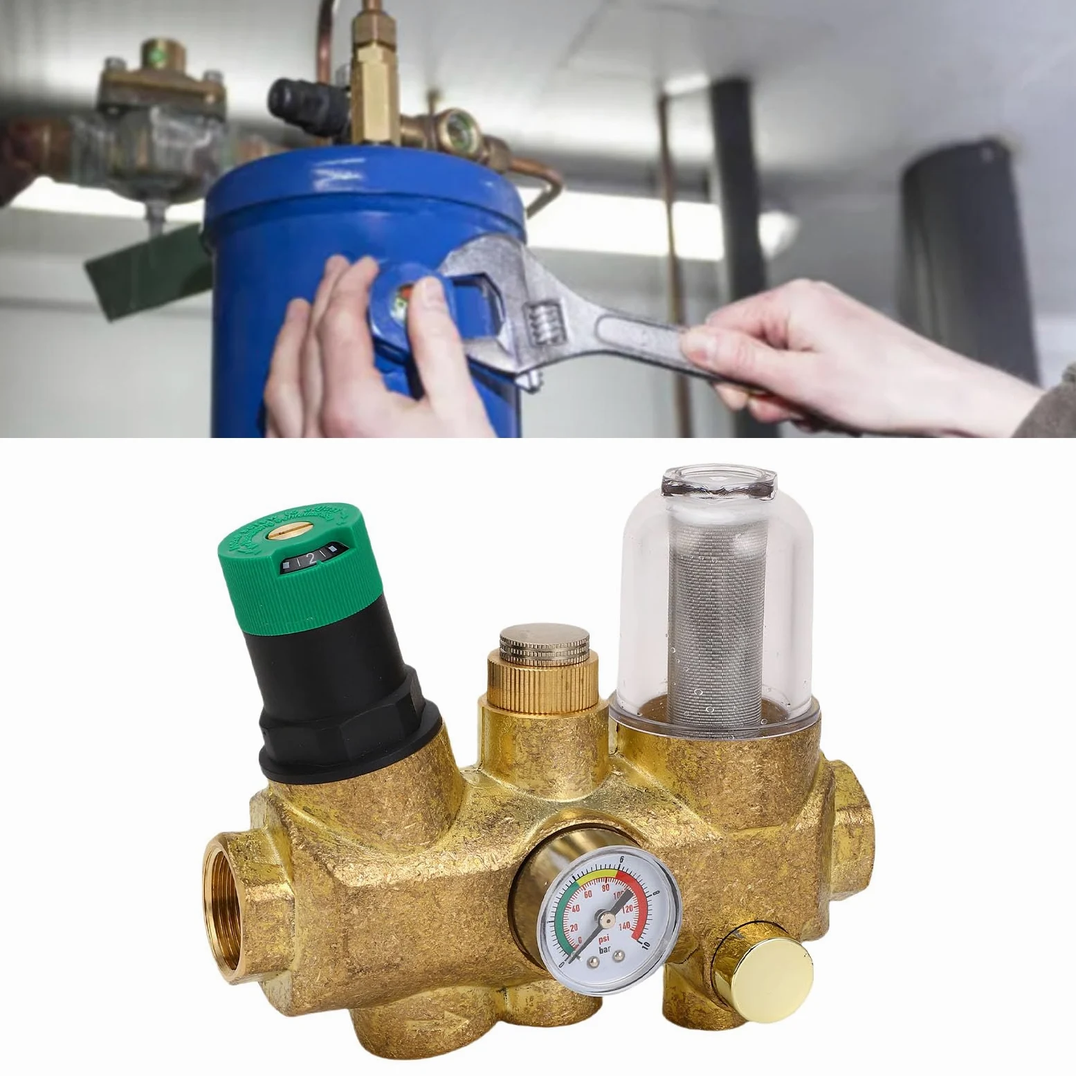 Yosoo Health Gear Válvula Reductora de Presión de Tubería Válvula Reguladora de Presión de Agua de Latón con Medidor de de Filtro de Acero Inoxidable 316L 40μm 3 a 6T H para Plomería Doméstica (1/2