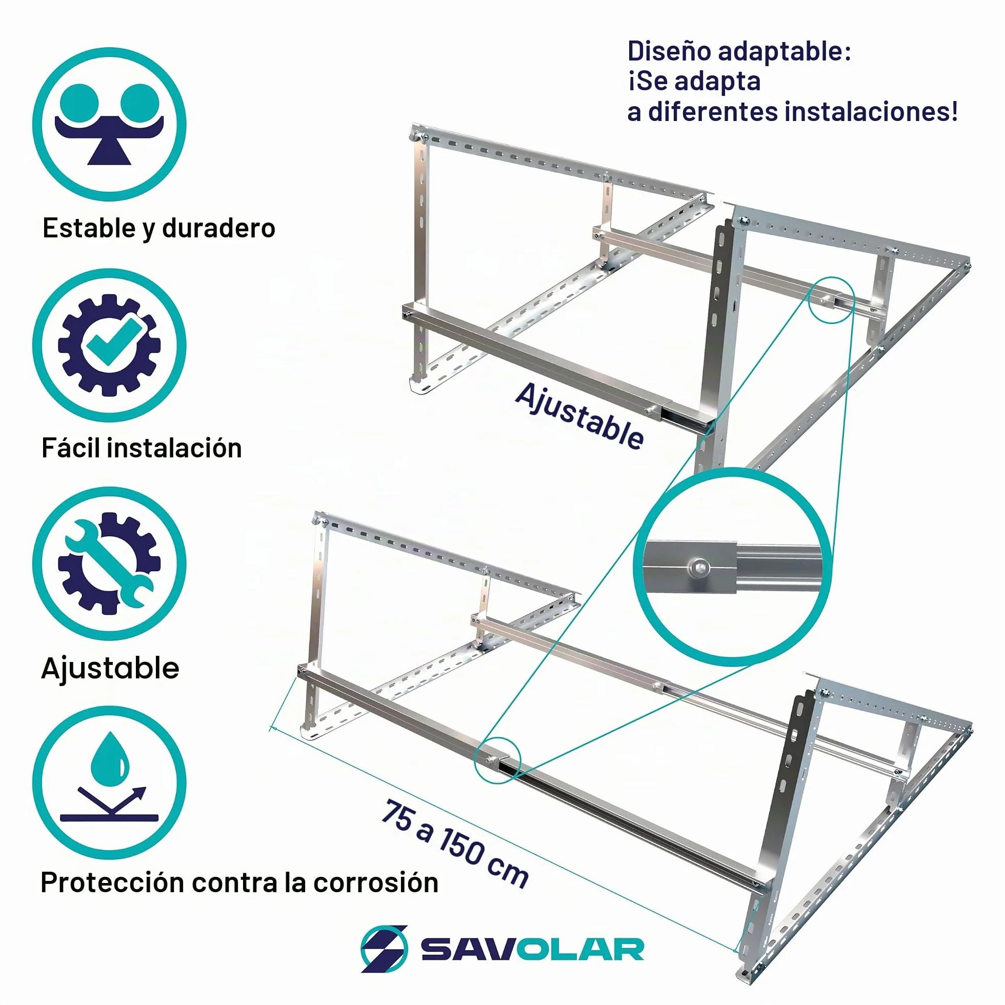 Soporte para módulo solar, 2 unidades, aluminio y acero inoxidable, montaje en pared, para plantas de balcones de hasta 117 cm, ángulo ajustable 0-90°, compatible con módulos solares de 100