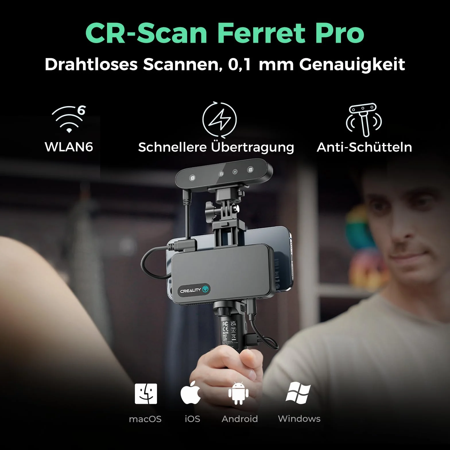 Creality Escáner 3D CR-Scan Ferret Pro para impresión 3D, escáner de mano con escaneo inalámbrico y seguimiento antivibración, actualización para escaneo rápido a todo color, precisión de 0,1 mm, para