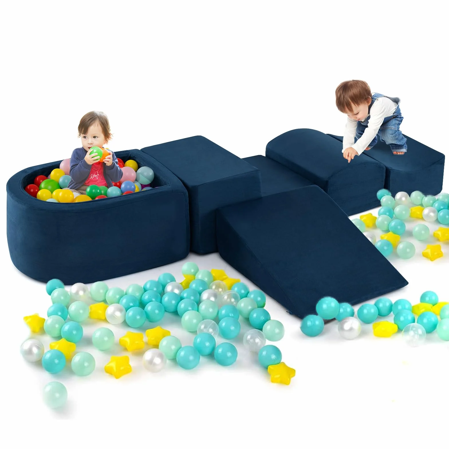 COSTWAY Juego de Escalada y Rampa 5 Piezas, Bloque de Escalada con Piscina de Pelota Infantil, Funda Lavable