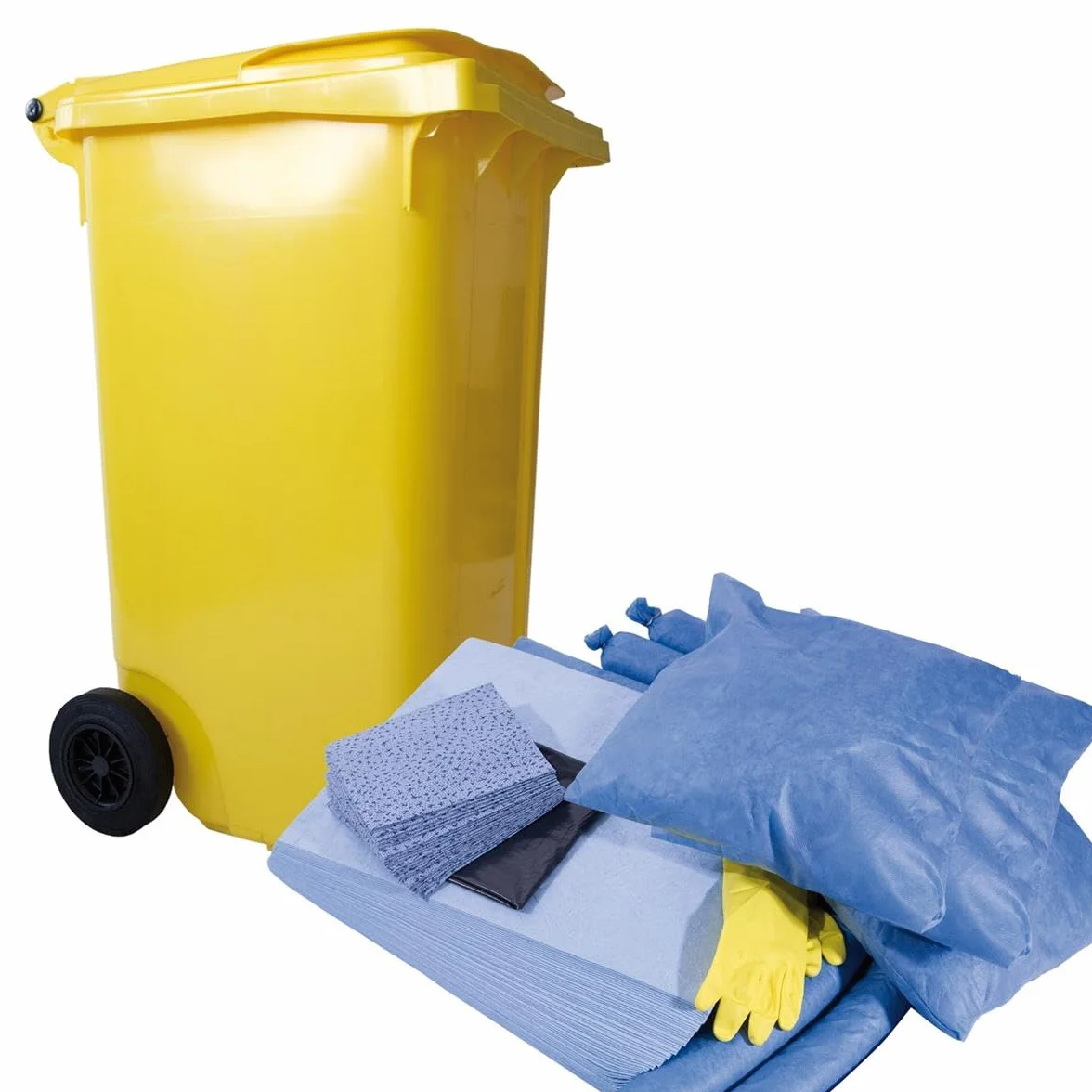 Kit de Emergencia para Derrames 105L con Material Absorbente - Compacto y Fácil de Almacenar, Ideal para Entornos Industriales y Comerciales, Incluye Guantes y Gafas de Protección