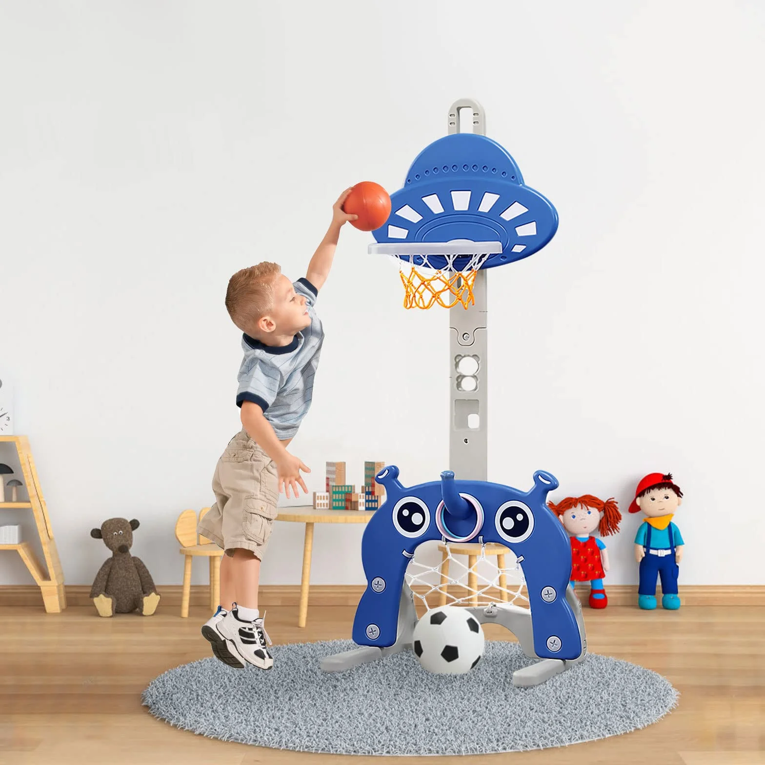 Canasta de Baloncesto para Niños 4 en 1 Regulable en Altura con Juego de Golf, Fútbol y Portería Azul