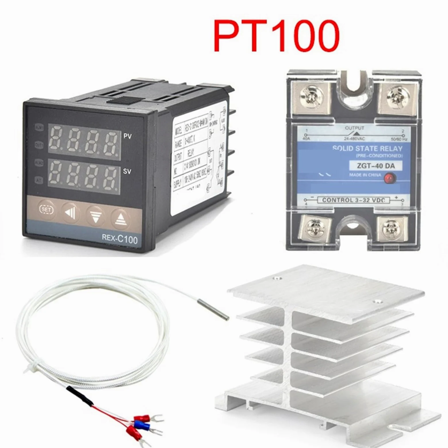 Controlador de temperatura Digital REX-C100 PT100, termostato con salida SSR, relé 40DA SSR, disipador de calor de radiador de aluminio, resistencia de 1m, 1 Uds.(Set 4)
