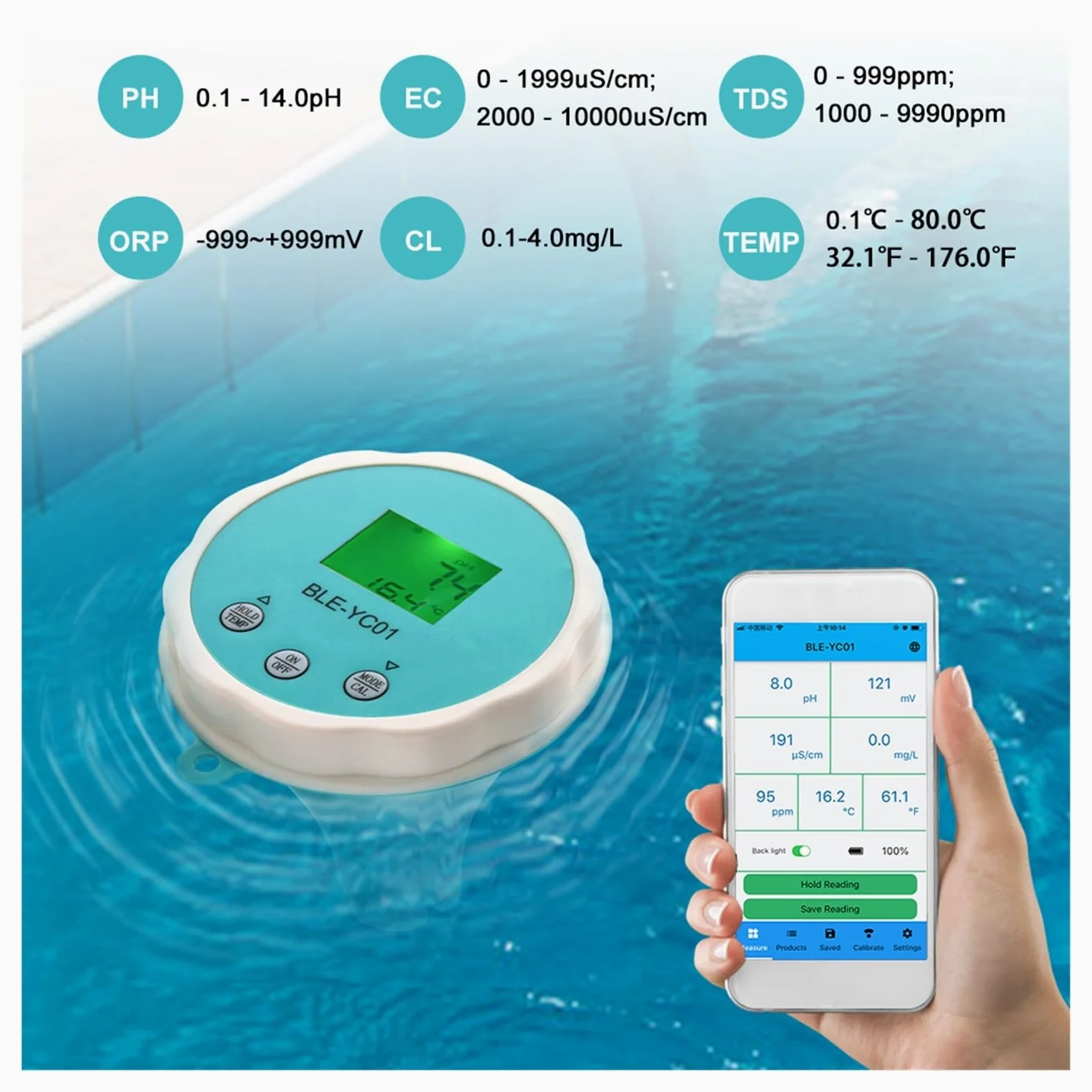 Medidor de PH, Detector de calidad del agua 6 en 1, PH EC TDS ORP CL, calibración de temperatura, probador de agua y cloro, aplicación Monitor en línea for piscina
