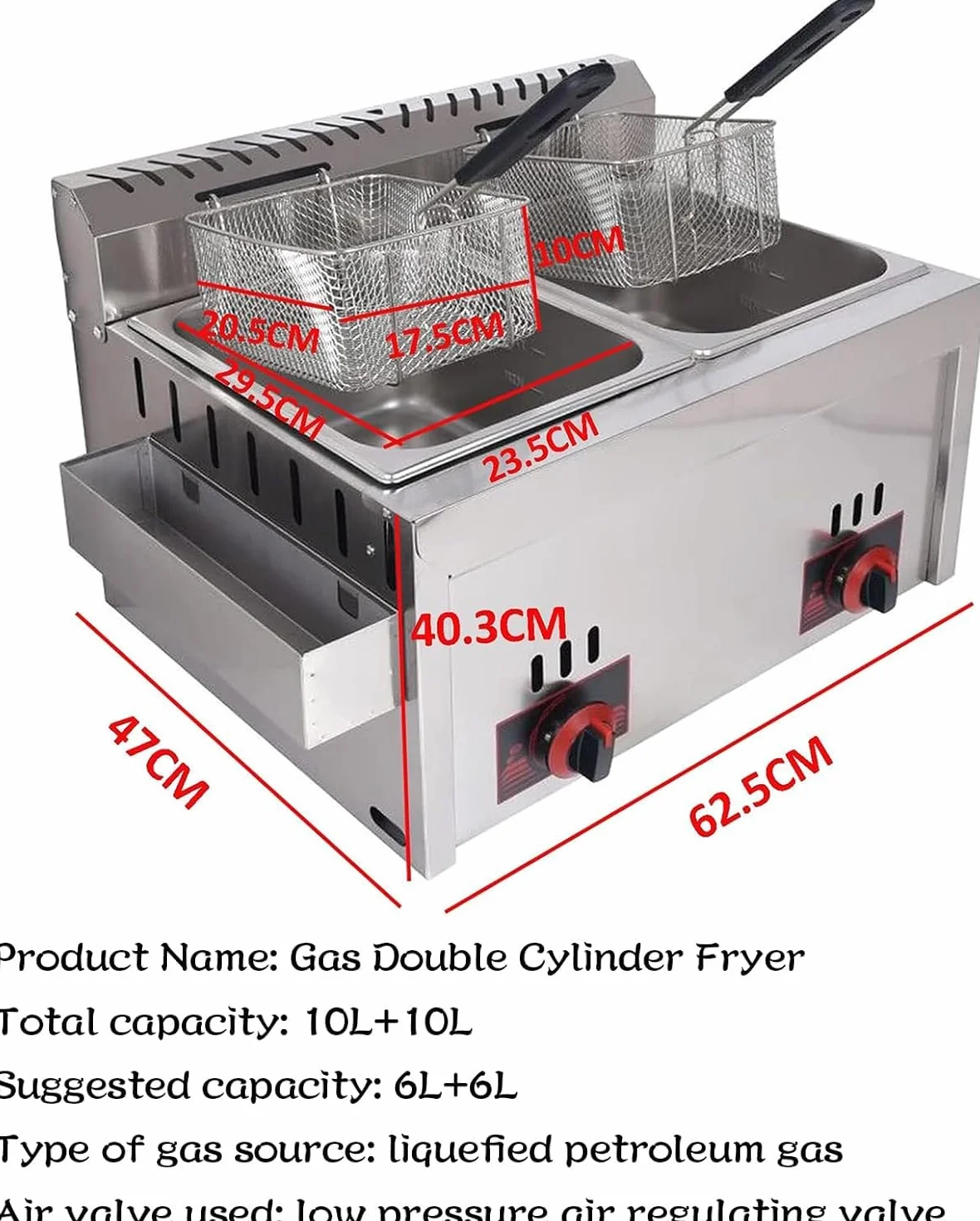 Freidora de gas comercial con tanque de condimentos de acero inoxidable, profesional de 10 L x 2, cocina eficiente, ideal para restaurantes familiares, incluye 2 cestas para papas fritas