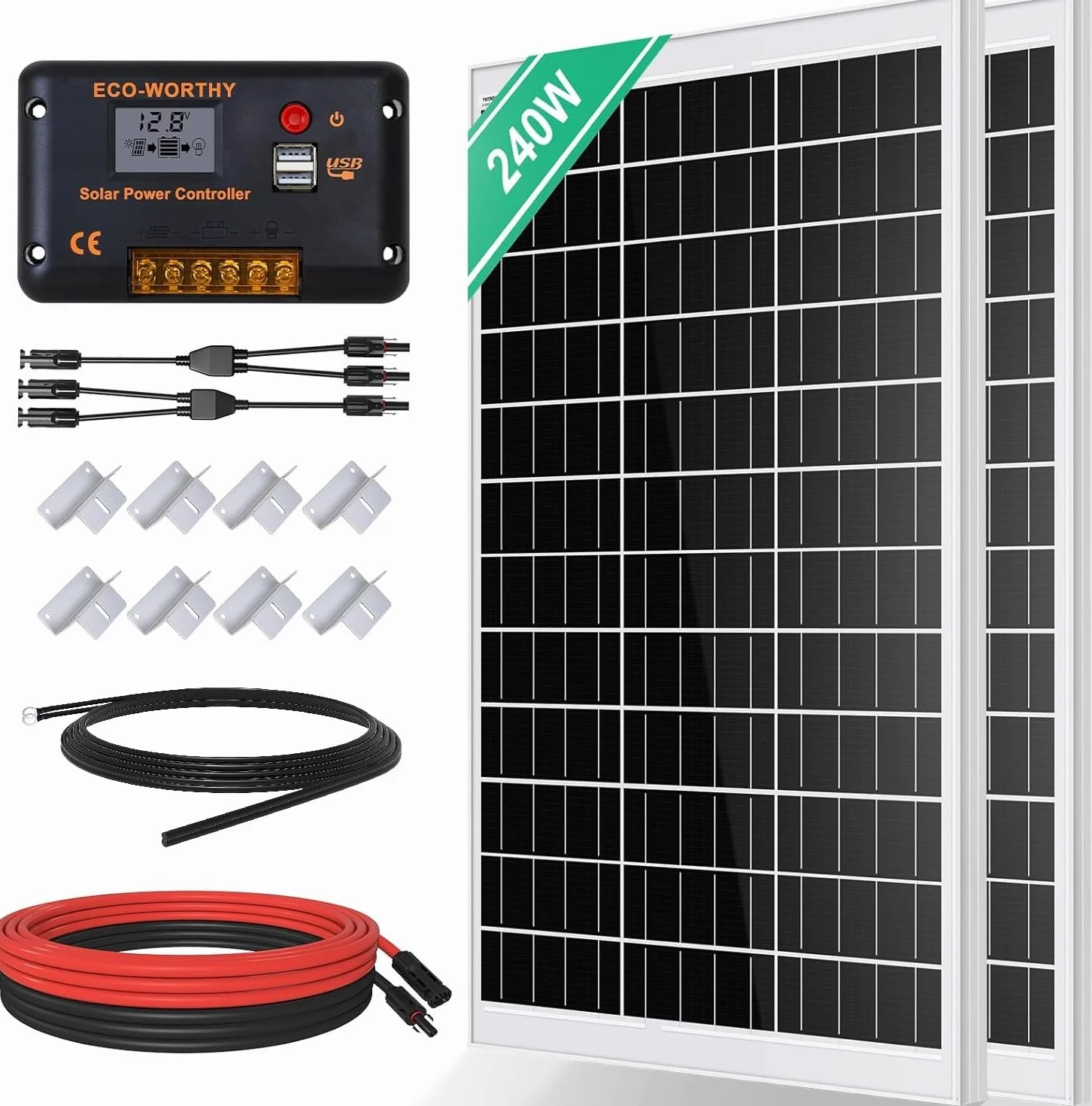 ECO-WORTHY kit panel solar monocristalino 240W módulo solar de 12V + regulador de carga solar de 30A + cable solar de 5m + Z para autocaravana, caravana, hogar y sistema aislado de la red eléctrica