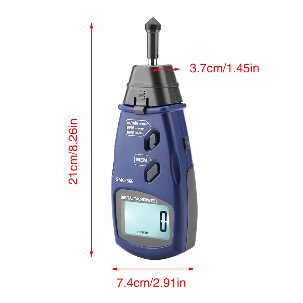 Tacómetro digital, robusto y duradero SM6236E Tacómetro láser/de contacto 5 dígitos Probador de medidor de rotación de tacómetro LCD digital de 18 mm
