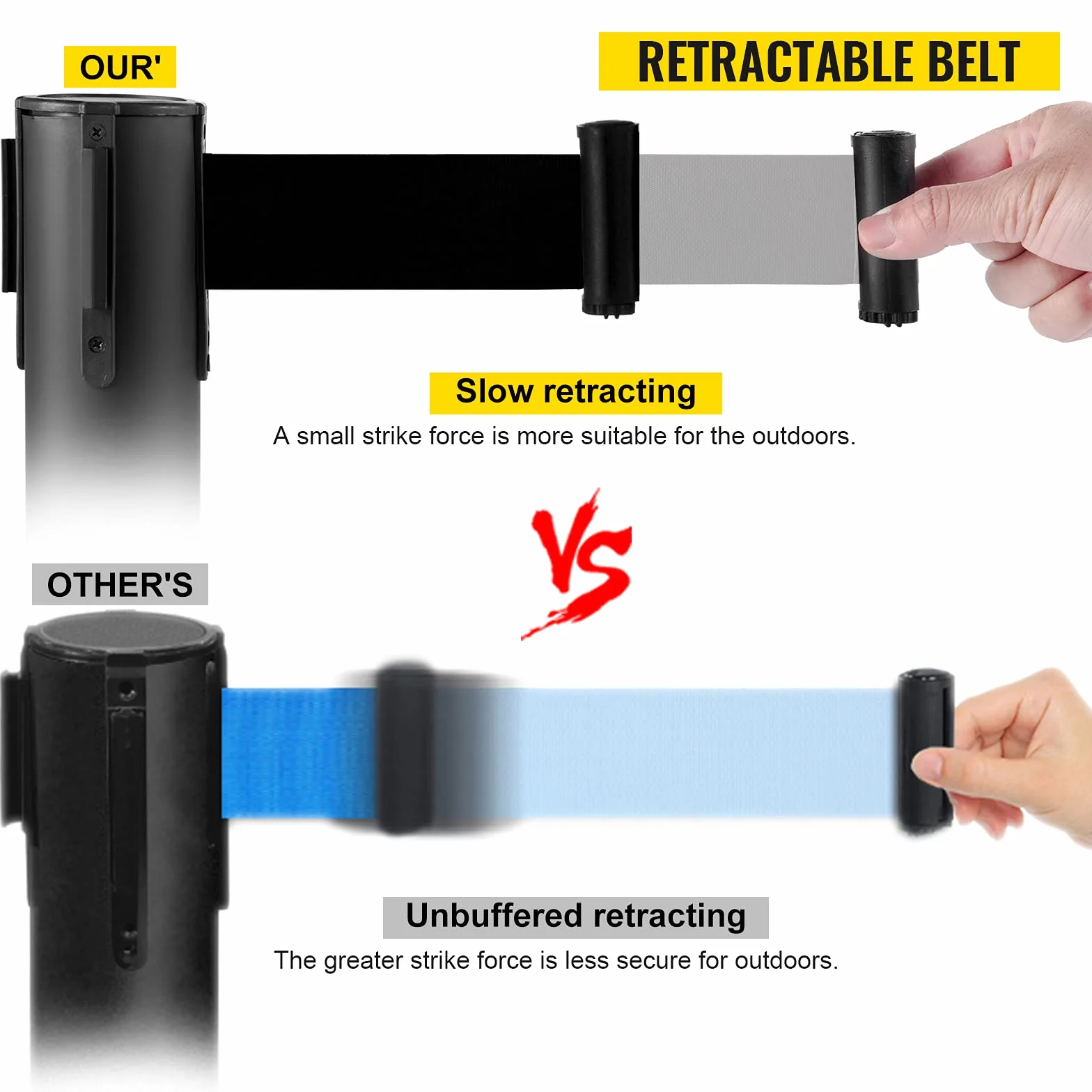 VEVOR Postes Separadores 8 piezas Altura 90 cm Negros Poste Separador con Cinta Extensible de 2 m Diámetro de Base 32 cm Postes de Barrera de Control de Multitudes Retráctiles (8 pcs, Negro)