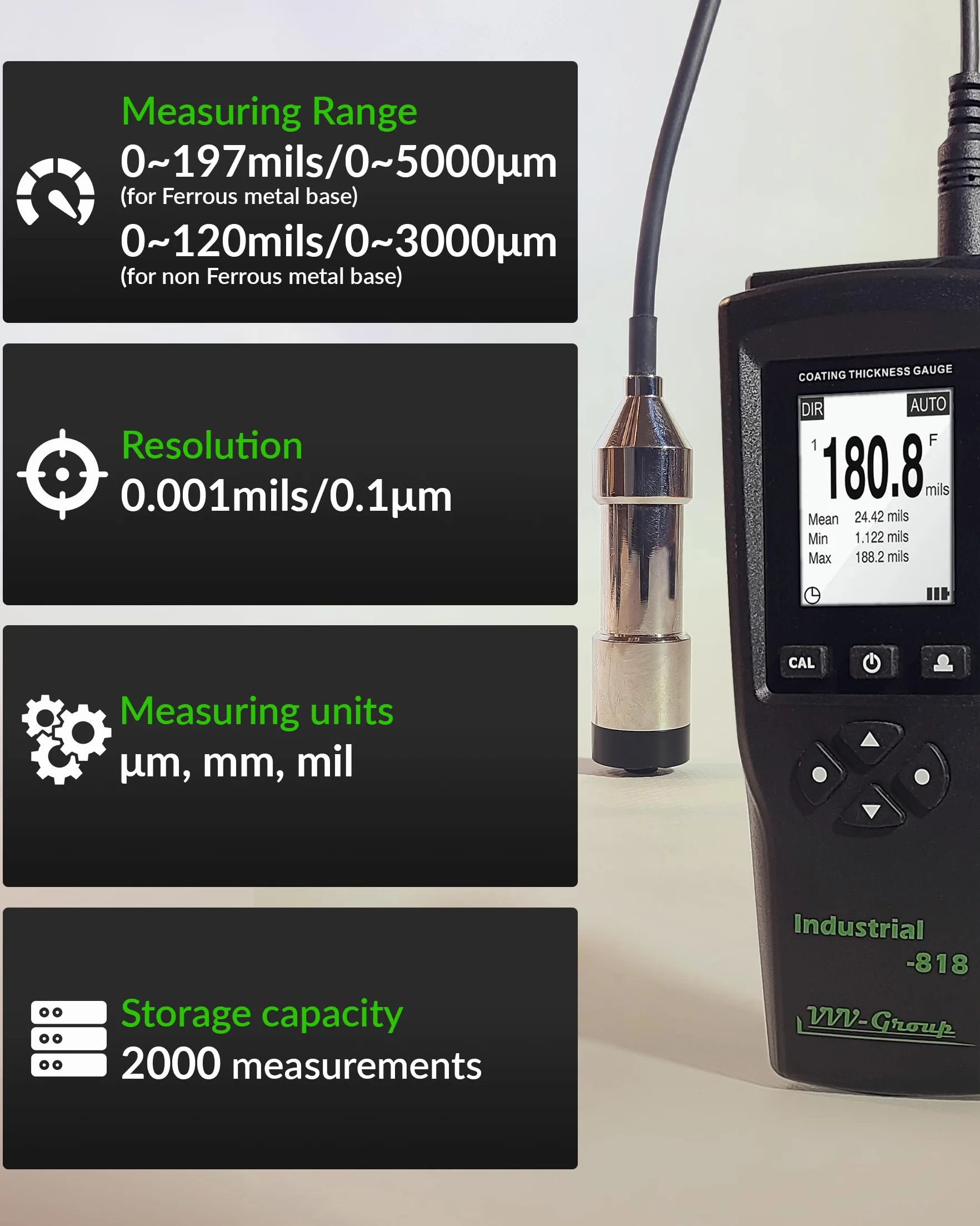 Medidor de espesor de revestimiento profesional digital industrial-818 medidor de pintura para Fe/NFe con rango de medición: 0-197 mil/resolución 0,001 mils