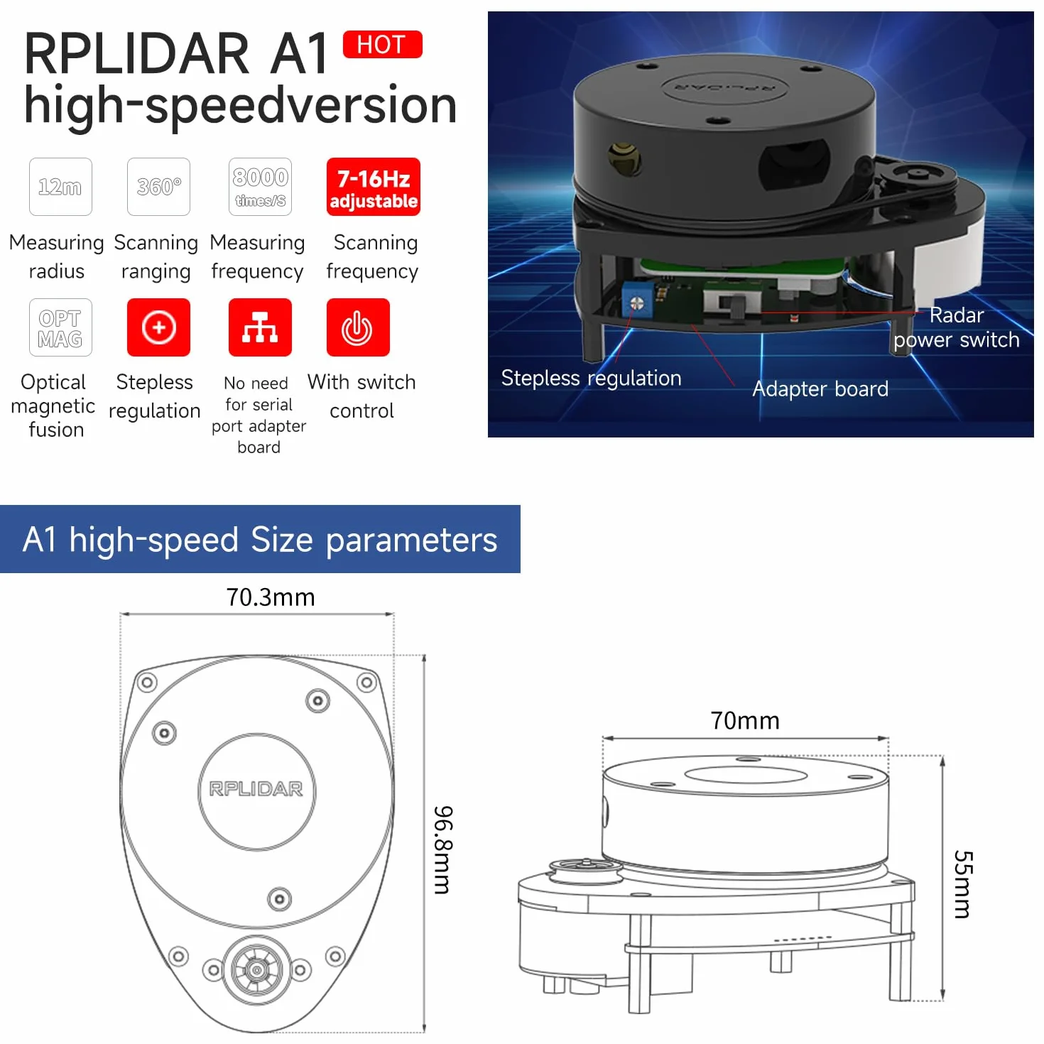 Yahboom Silan Lidar Sensor ROS Robot TOF Range Navigation 3D Scanner Laser Measurement Tool RPLIDAR A1 A2 A3 S1 S2 M2 (A1 UP VER)
