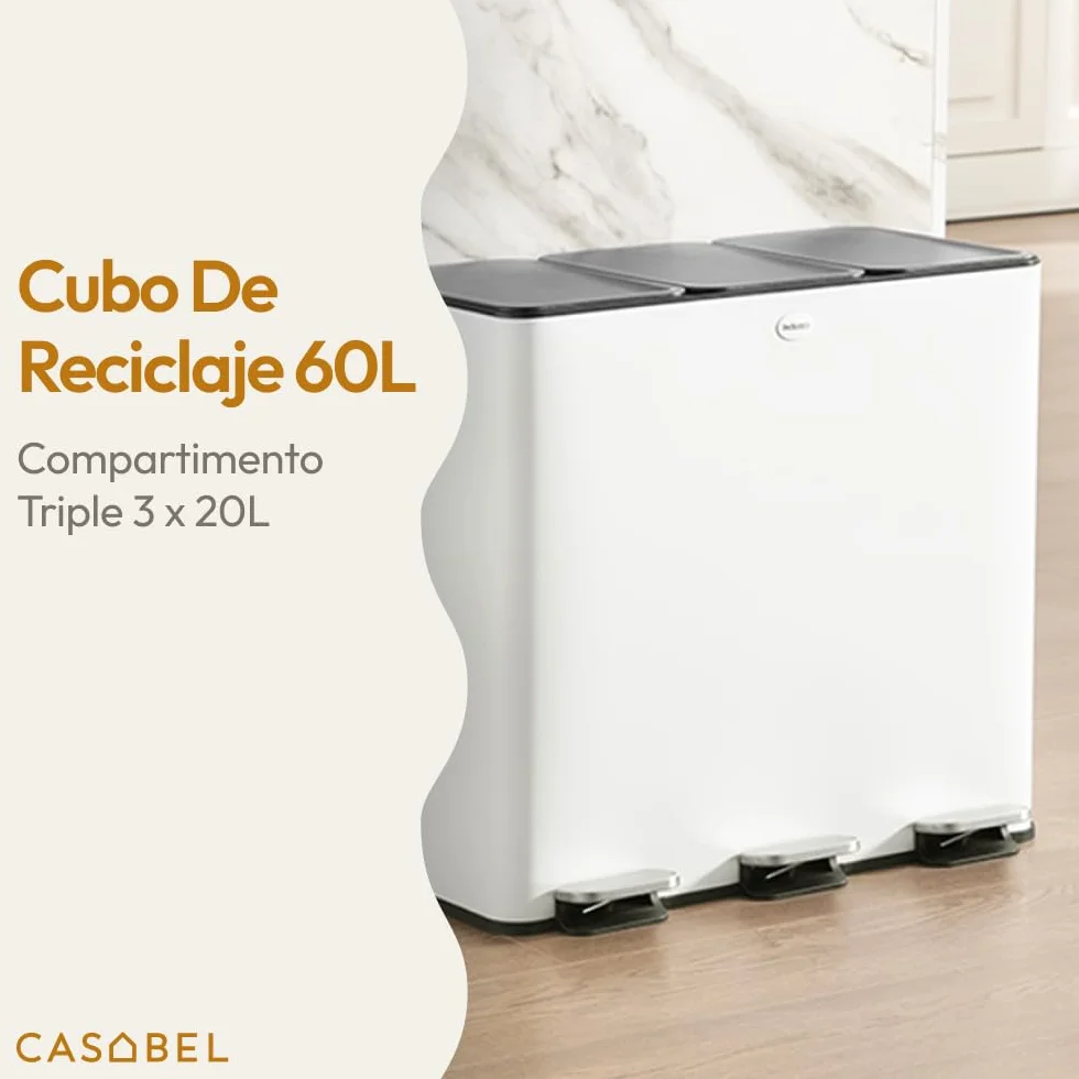 CASABEL Cubos de Basura de Reciclaje 60 L, Sistema de Basura Reciclaje 3 x 20 L Acero Inoxidable, Cubo con Pedal, Antihuellas y Antiolores, blanco