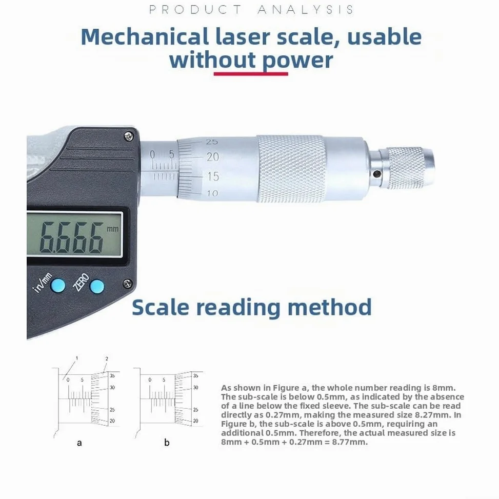 Micrómetro electrónico con pantalla digital de 0.001 mm de pulgada mm, conversión resistente al desgaste, caras de carburo, escala mecánica, respaldo plateado (50-75 mm)
