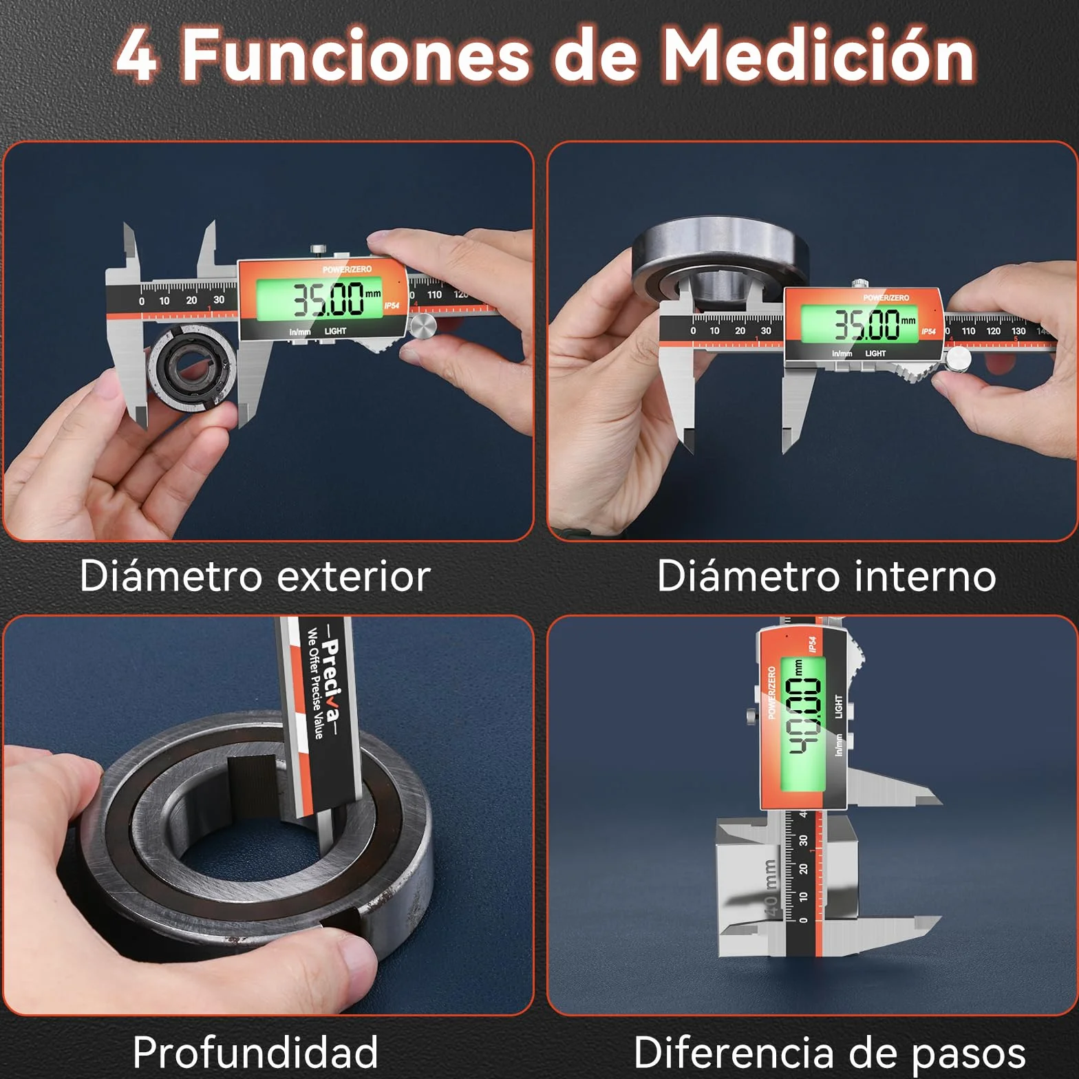 Preciva Calibre Digital Recargable Pie de Rey Electrónico Pantalla LCD Retroiluminada Acero Inoxidable Micrómetro Preciso USB