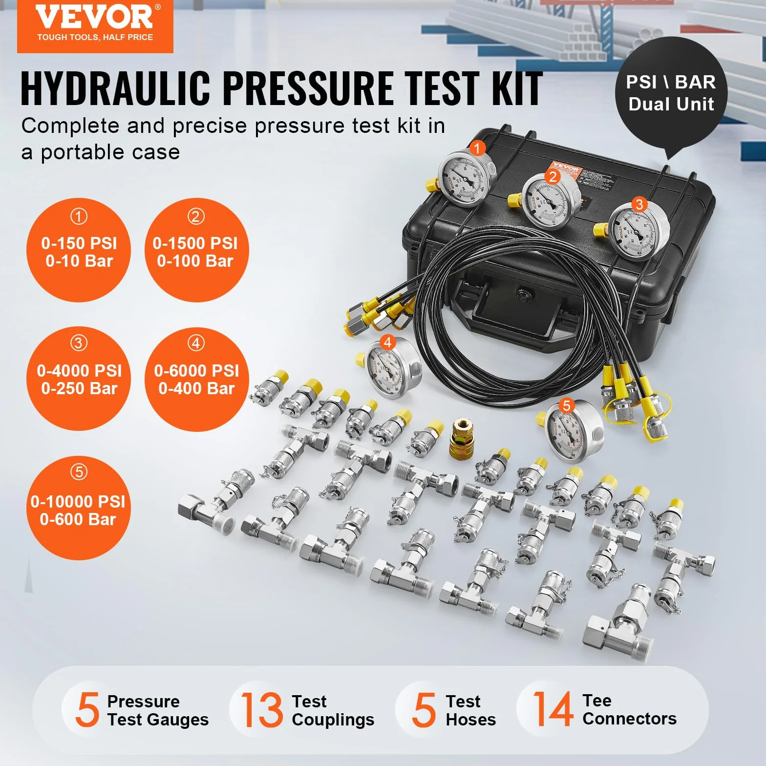 VEVOR Kit de prueba de presión hidráulica, 10/100/250/400/600 bar, 5 manómetros, 13 accesorios, 14 conectores en T, 5 mangueras, manómetro con estuche de transporte para excavadoras