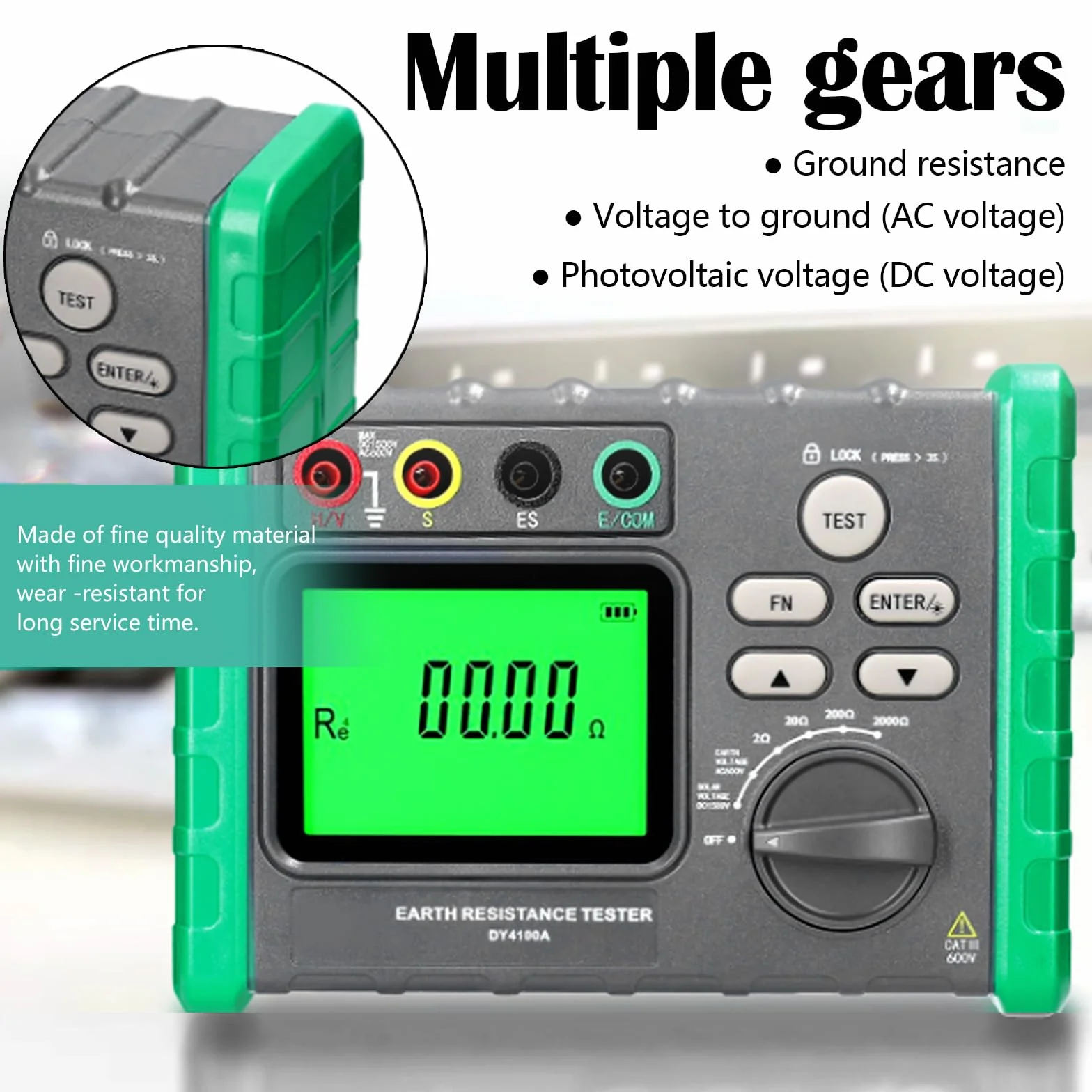 Probador de Resistencia de Aislamiento y Megóhmetro Digital, 0-2000 Ω/ohm Voltaje de Tierra AC 0-600 V, Voltaje Fotovoltaico DC 0-1500 V
