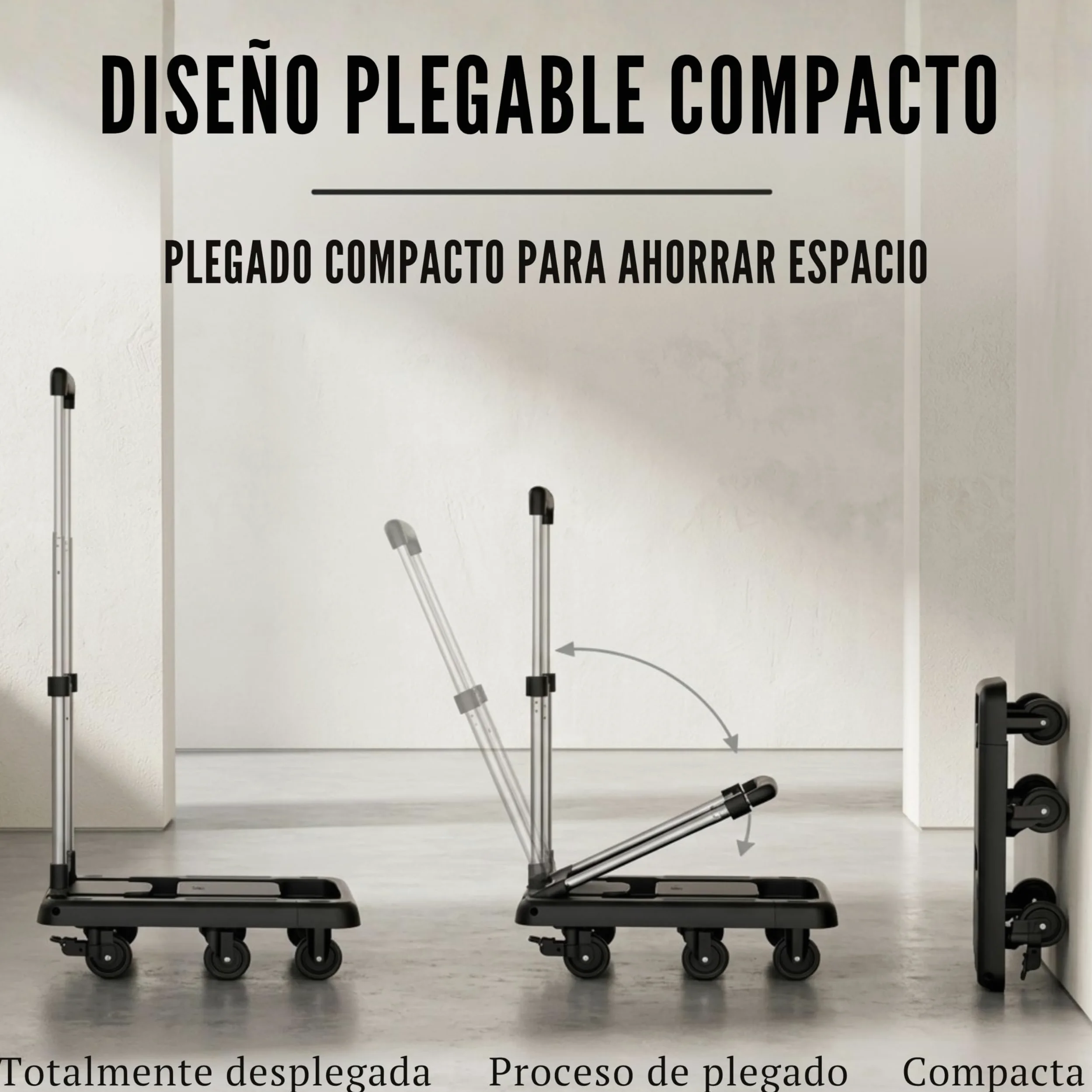 Carretilla Plegable hasta 100kg con 6 Ruedas de Goma con Freno, Carro de Transporte Plegable Extensible 60x30 cm, Mango Telescópico Ajustable, Plataforma Compacta para Mudanzas, Compras o Trabajo