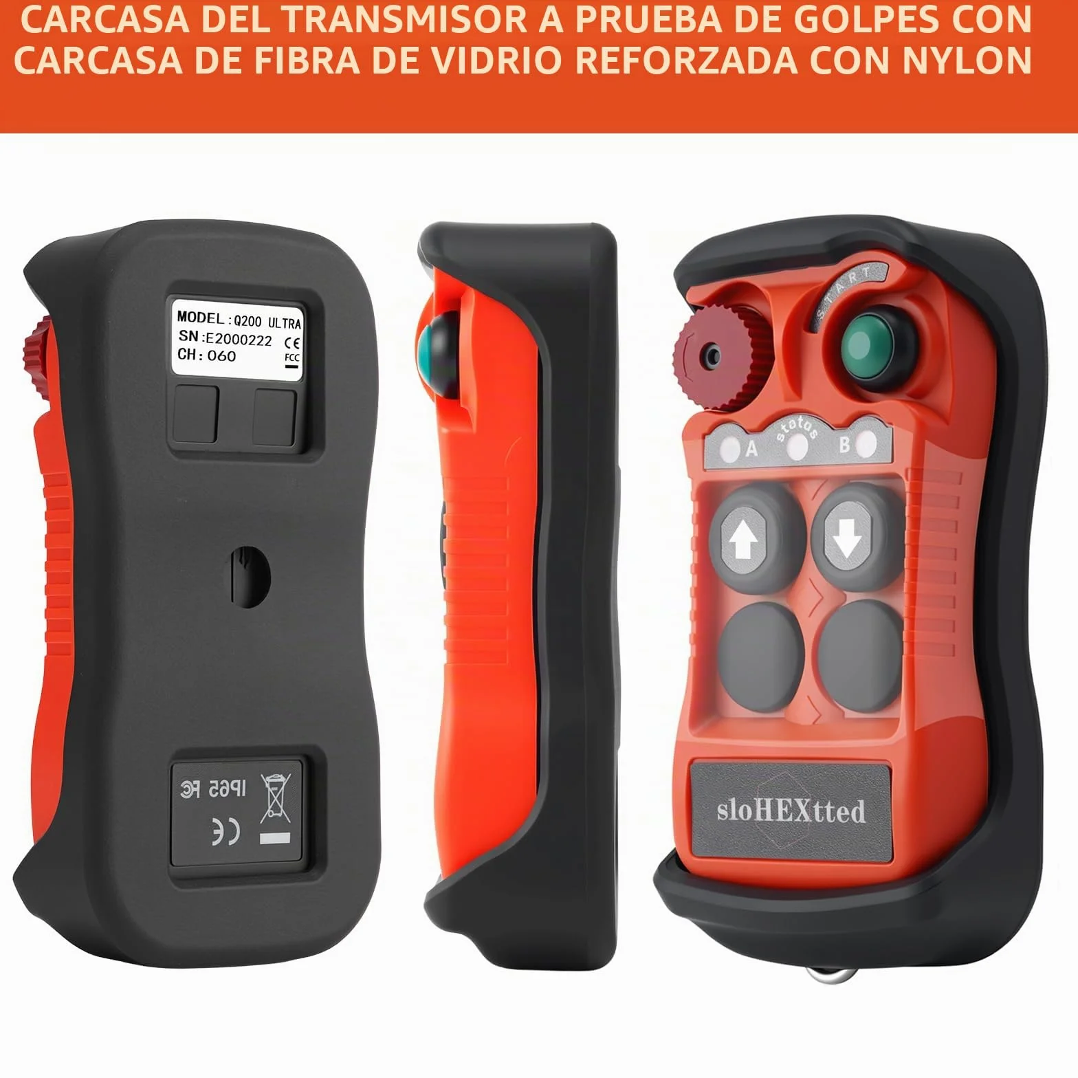 Control remoto industrial inalámbrico de 2 botones para grúa y polipasto eléctrico 12-24V | Mando radio para polipasto eléctrico de cadena y puente grúa, emisor y receptor con botón de parada de emergencia.