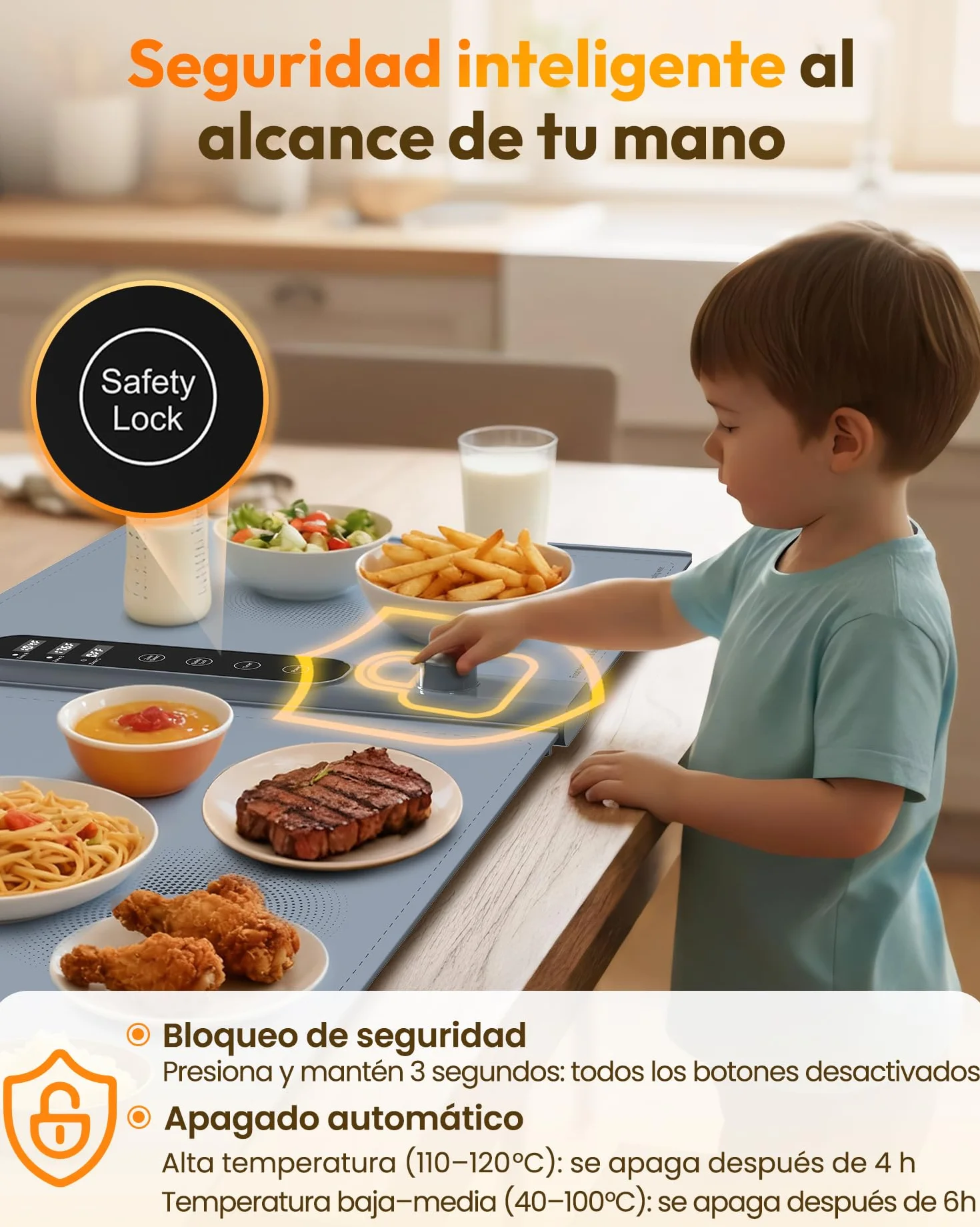 Bandeja de Calentamiento de Silicona 101×43 Cm 3 Zonas 17 Temperatura 1-6 Horas Eléctrica Comida Buffet