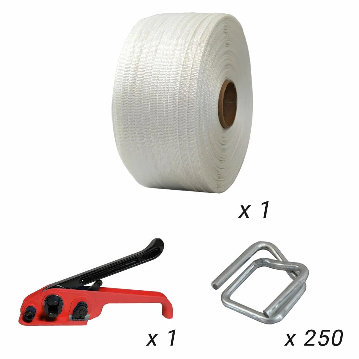 Kit 1 Fleje tejido 16 mm x 850 m + 250 hebillas GRATIS + 1 tensor - Resistencia 450kg - TECPLAST KFT1