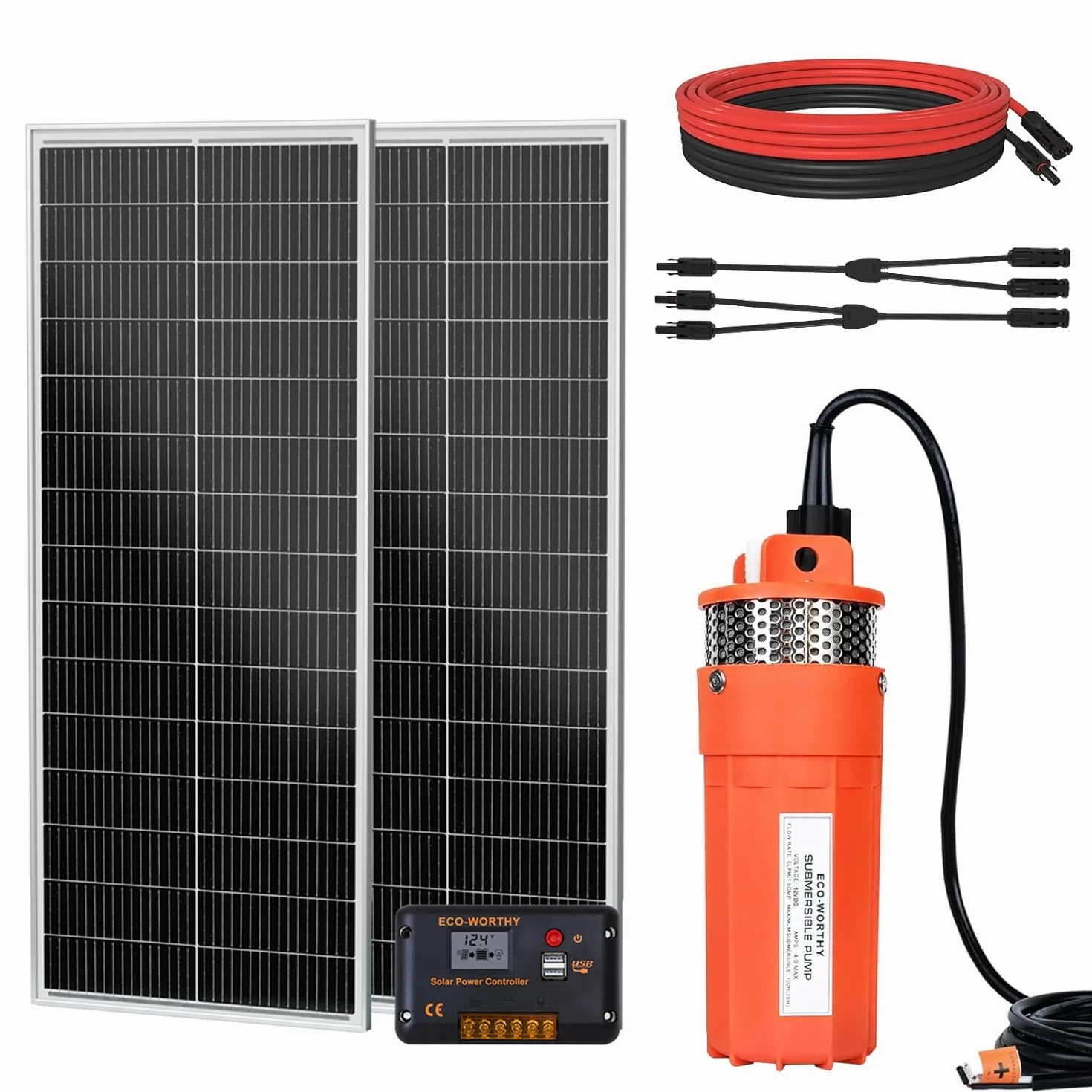 DCHOUSE Juego de bombas solares de 200 W, bomba de pozo de 12 V + 2 paneles solares de 100 W + controlador – Riego autónomo y agua para ganado – Entrega en 2 paquetes