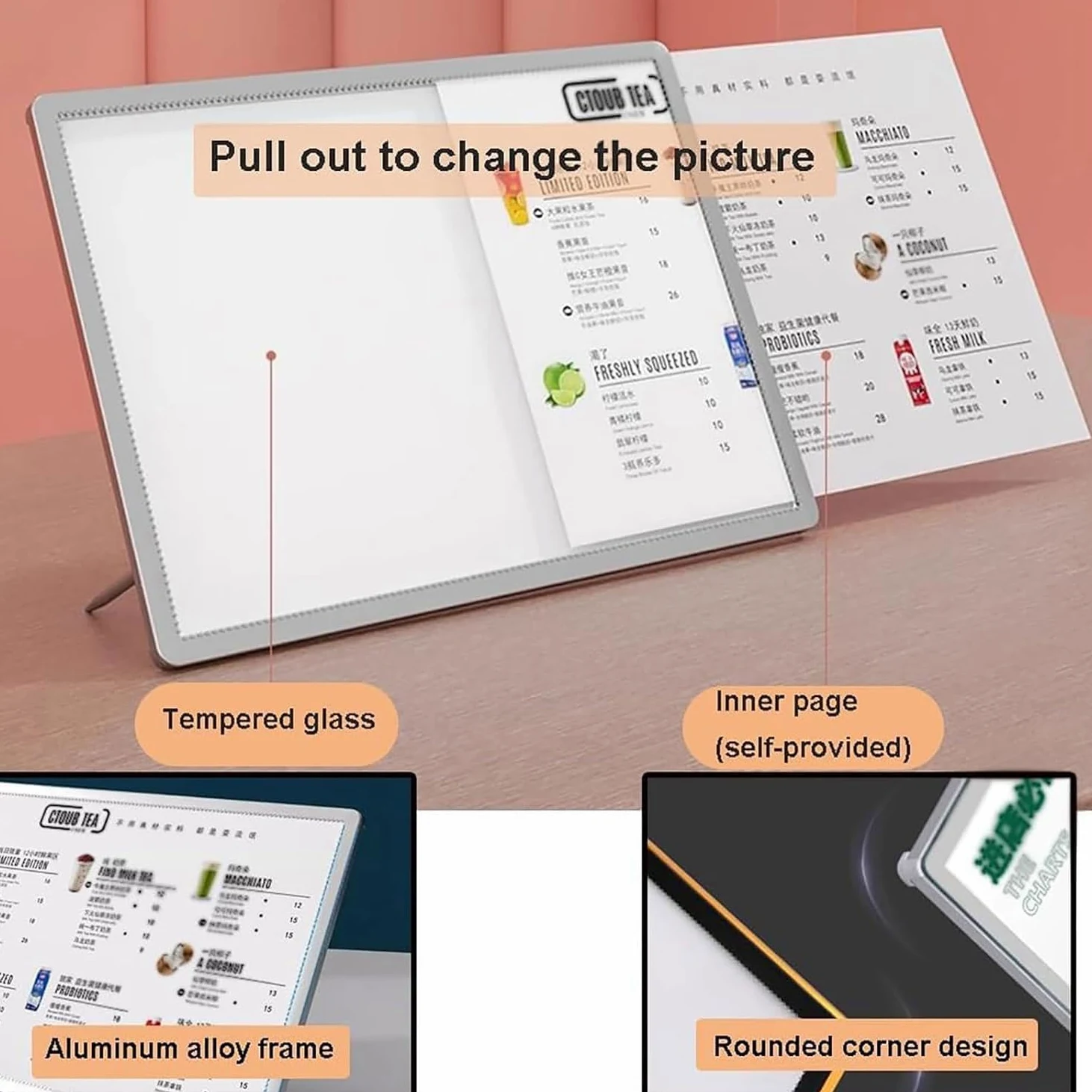 Marco de póster de caja de luz LED, pantalla luminosa para tablero de menú con soporte de metal para publicidad de restaurante, soporte de menú de escritorio, 297 x 420 mm