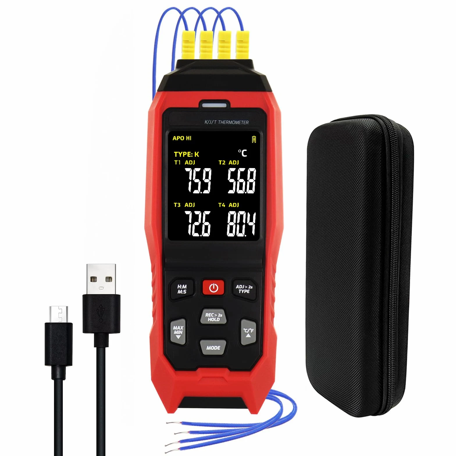 Termómetro digital de termopar de 4 canales tipo K/J, registrador de datos de temperatura con 5000 grupos de registros, alarma audible, apagado automático, rango de -200.0 °C a 1,371.7 °C, herramienta