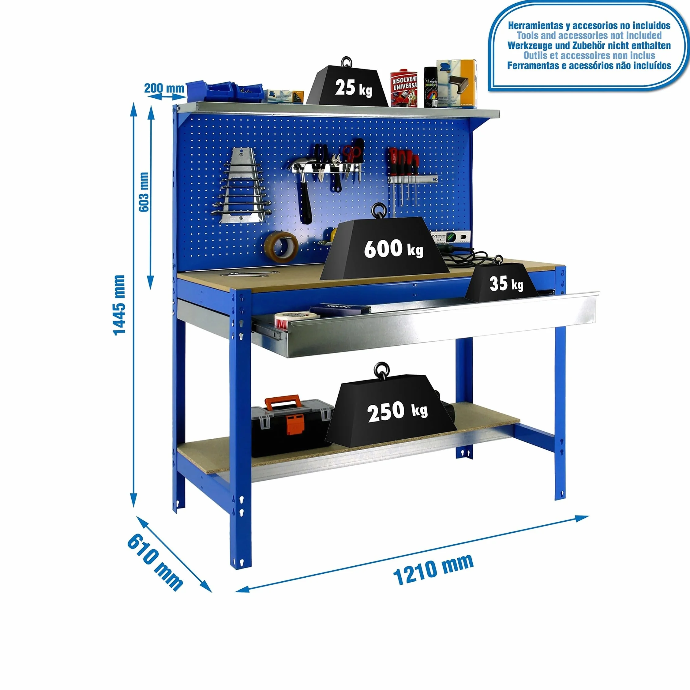 Simon Rack BT3 Banco de Trabajo Taller 600 kg 1445x1210x610 mm Mesa de Trabajo 1 Cajón Azul Madera
