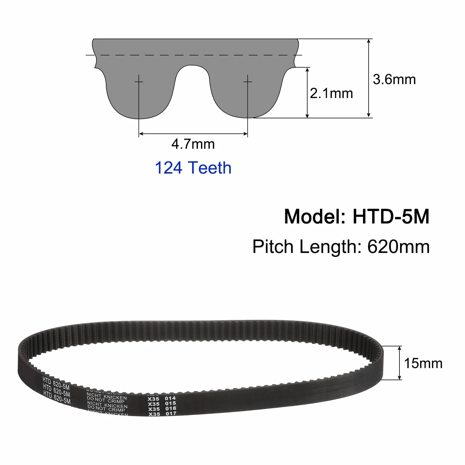 Correa dentada HTD-5M 124 dientes 620x15x3,6 mm goma