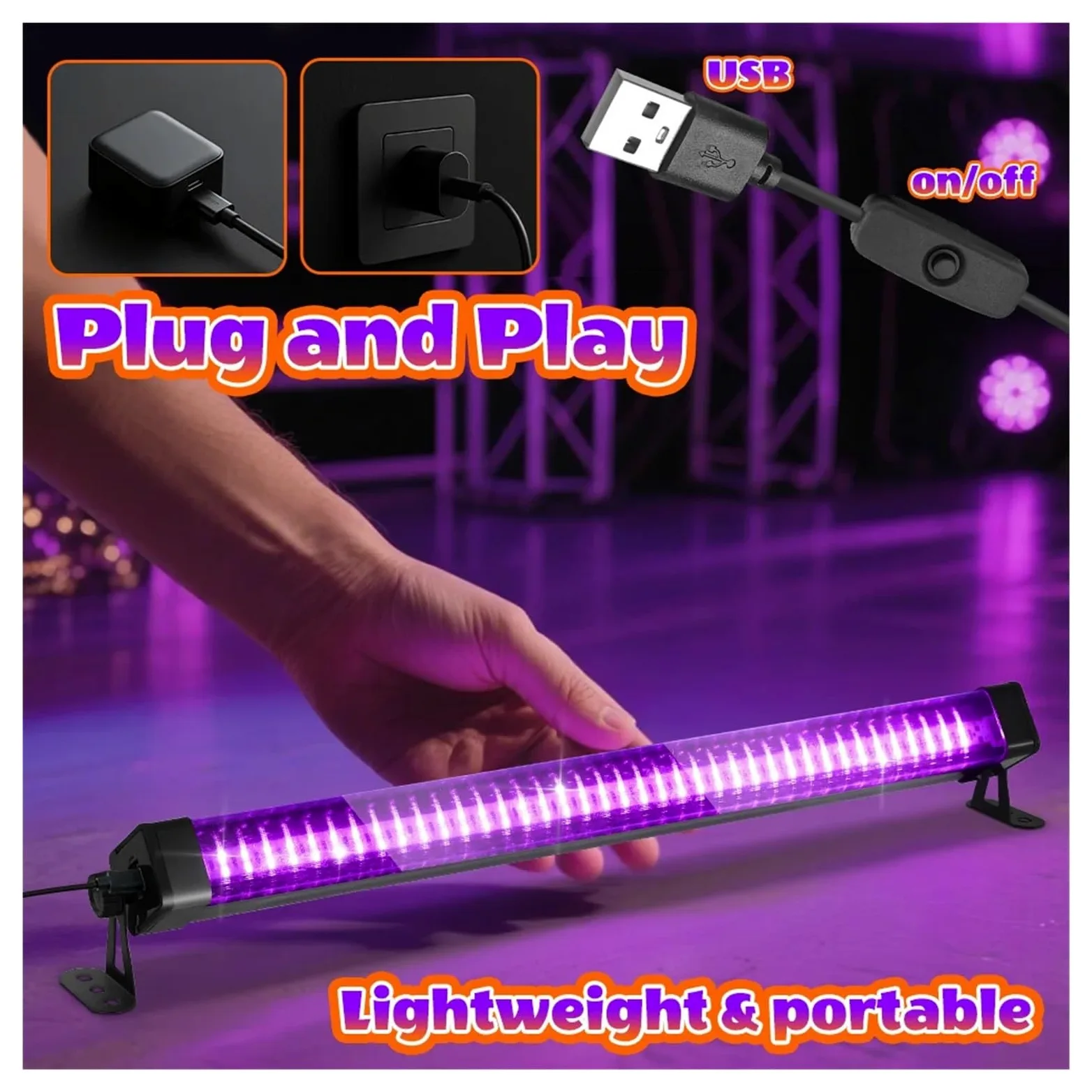Tubo de luz negra LED 80 luces - Con interruptor, rotación 360 ​​grados, lámpara UV for fiestas fluorescentes, arte corporal, Halloween y Navidad, Multiuso confiable(80LEDs-3P)