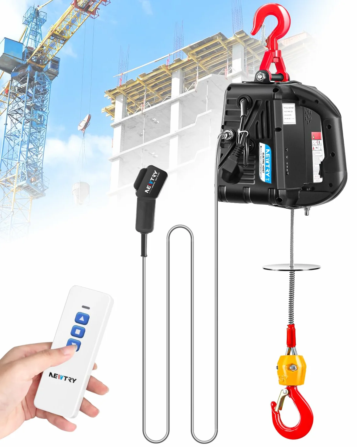 NEWTRY 3 en 1 Polipasto Eléctrico 1500W, Cabrestante Eléctrico de 500 kg 7.6m, Control Remoto Inalámbrico, Con Protección Contra Sobrecargas, Con manual en español