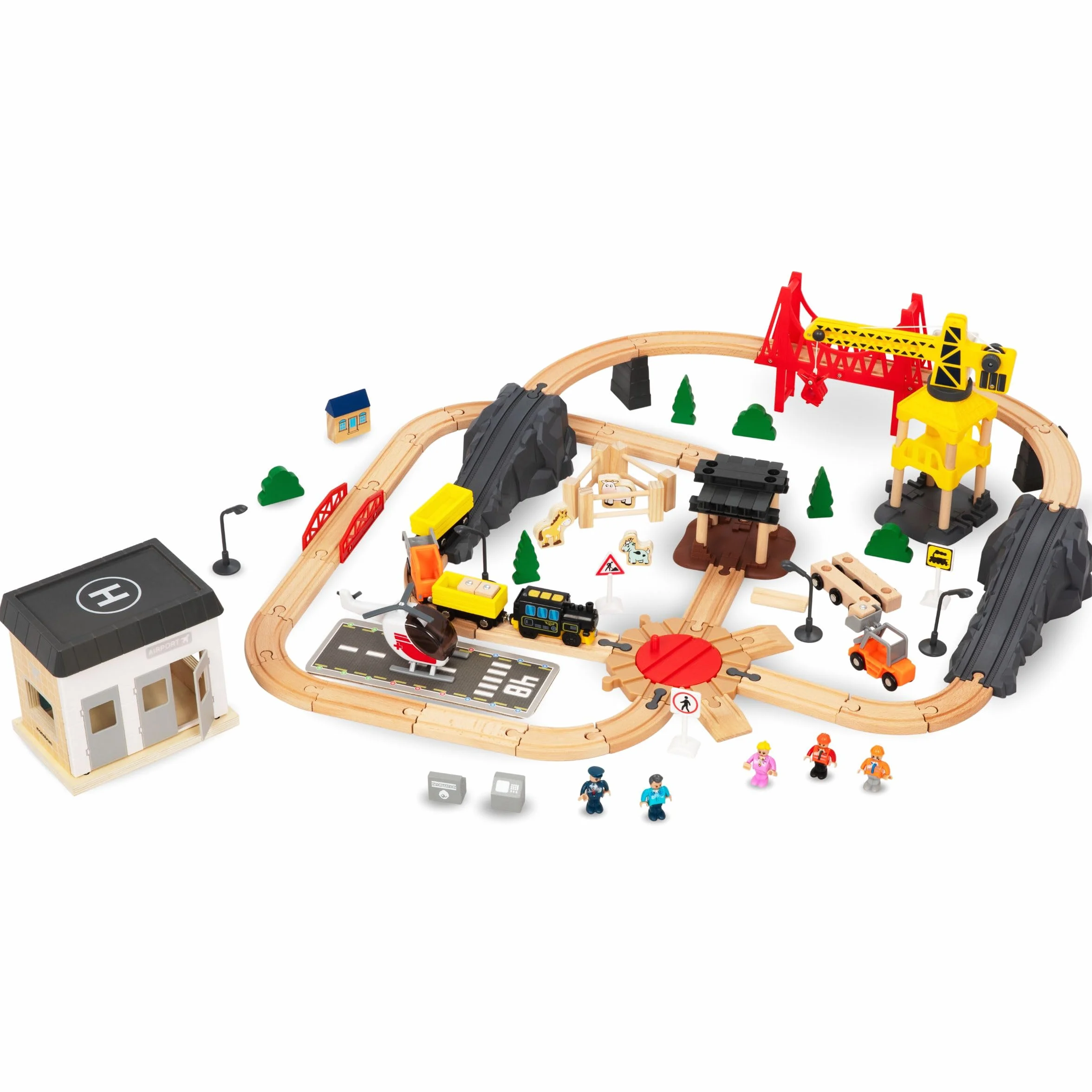 Mamabrum Tren Eléctrico de Madera Set Ciudad con Aeropuerto Grúa Giratoria Pista Compatible Lego Duplo Juguete Educativo