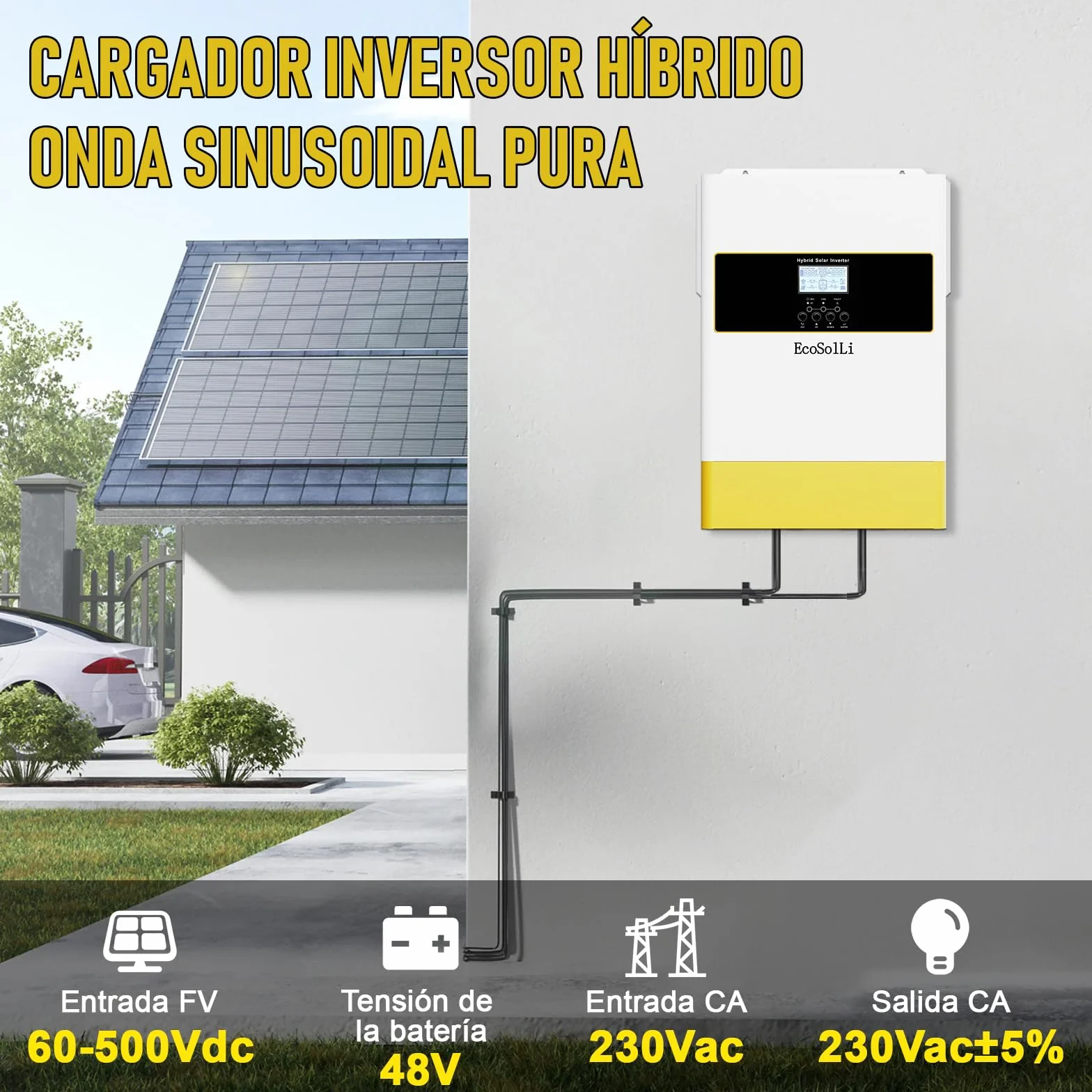 6200W Inversor híbrido 48V a 230v 220v, Funciona sin batería, función Paralelo, Onda Pura Off-Grid, 120A MPPT, admite baterías de Plomo-ácido y Litio, BMS, con módulo WiFi