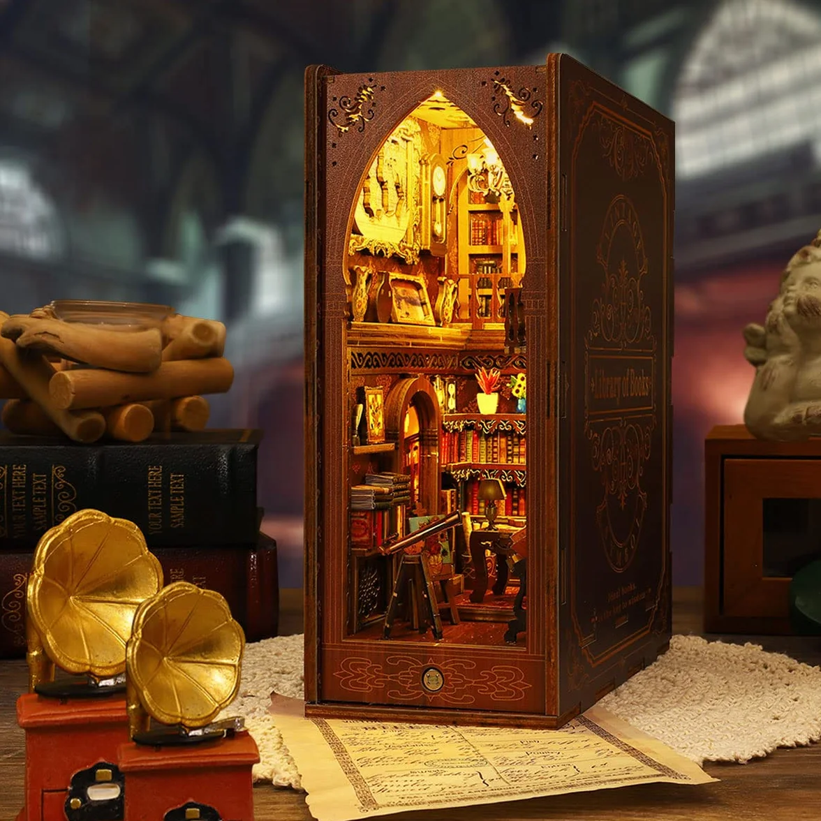 Kit de esquina libro DIY rompecabezas de madera 3D Sujetalibros con luces LED para adultos y niños