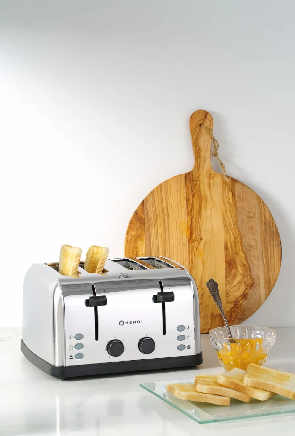HENDI Tostadora de pan, 4 ranuras extra anchas, 2 zonas de calentamiento, tostador, 7 niveles de tostado, 3 funciones: tostar, decongelar y recalentar, 240V, 1500W, 295x335x(H)180mm, acero inoxidable