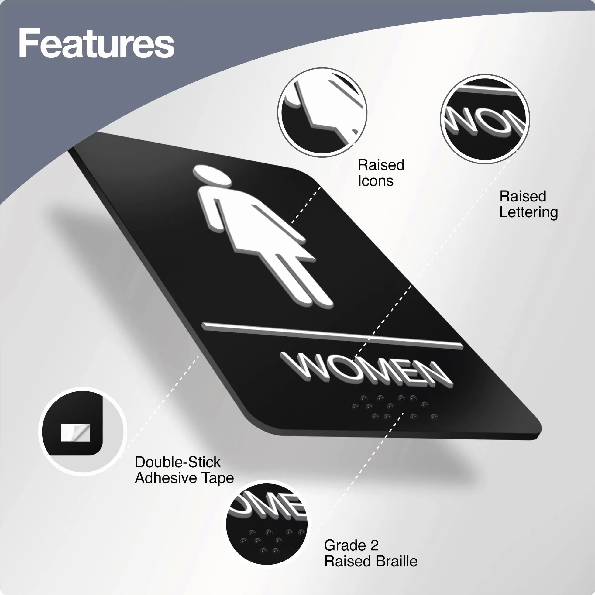 ADA Braille - Letrero de baño para hombres y mujeres para negocios, 9 x 6 pulgadas, paquete de 4, letrero de baño de plástico ABS con cinta fuerte de doble cara para oficinas y restaurantes