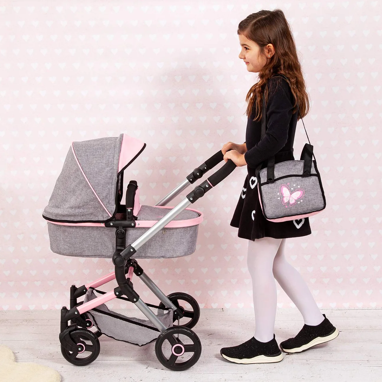 Bayer Design Cochecito de Muñecas Neo Vario Combolso Cambiador Convertible Plegable Vaqueros Grises Rosa Mariposa