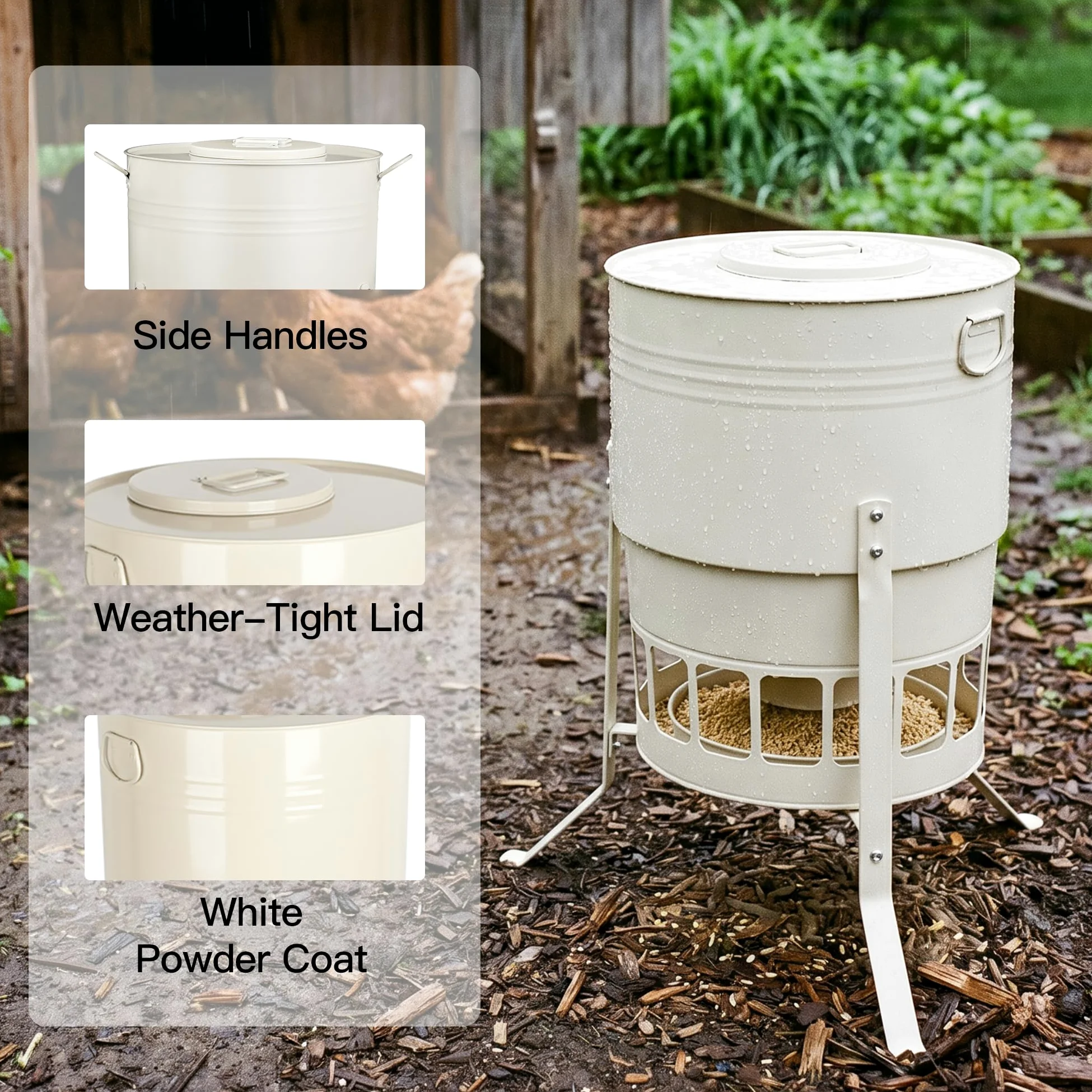 Comedero automático para pollos de 23 kg, sin desperdicio, con 16 puertos, color blanco, a prueba de ratas, gravedad, para gallinas, gansos, 43 L