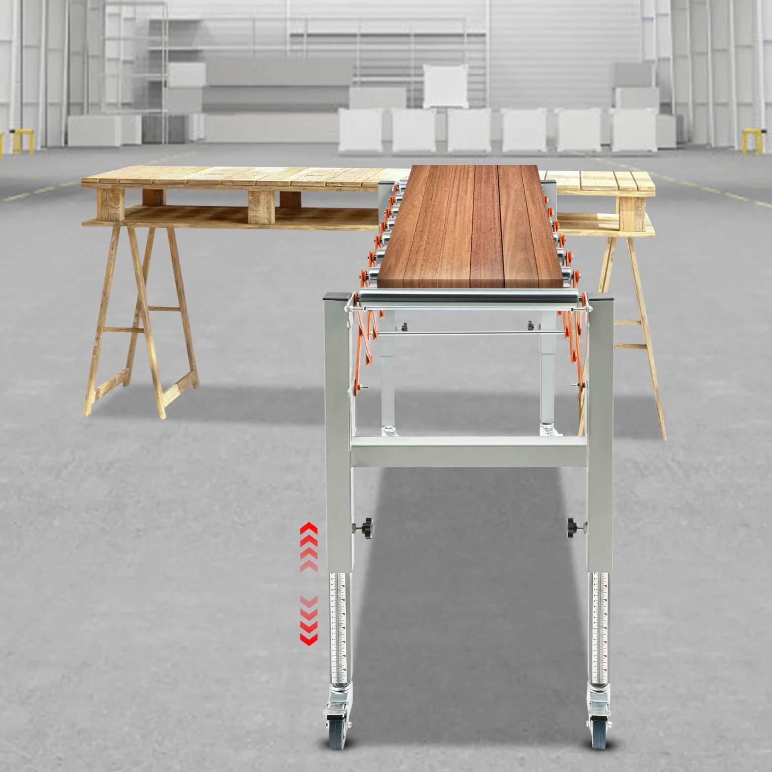 Rodillo transportador ajustable de tijeras, altura ajustable, rodillo transportador extensible de 46 a 130 cm, mesa de metal para transportadores ligeros, capacidad de carga de 50 kg