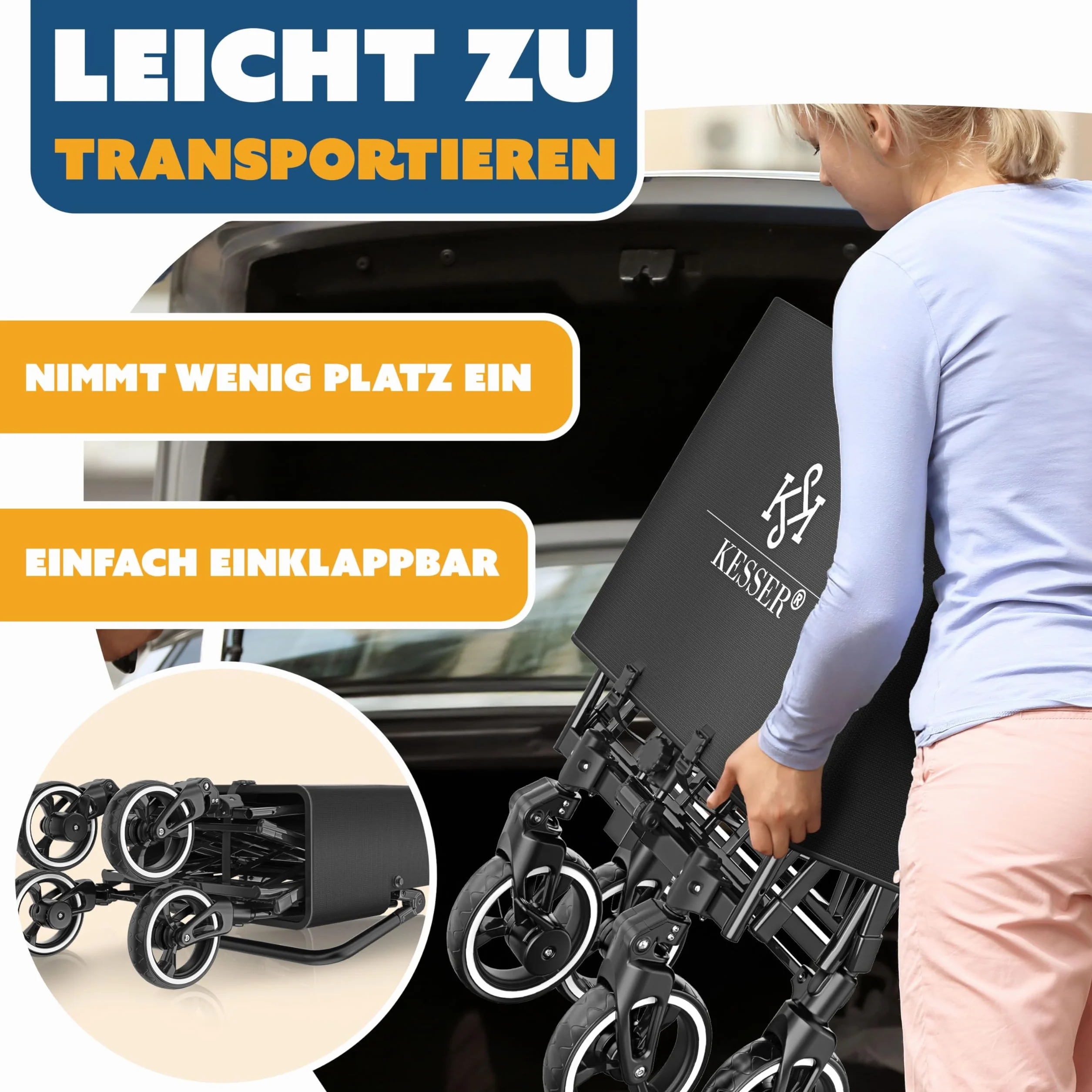 KESSER Carro plegable GTS-9100 con techo, carro de transporte, plegable, soporta hasta 150 kg, con ruedas de goma dura y frenos de estacionamiento delantero/trasero, incluye cerradura, cubierta, clima