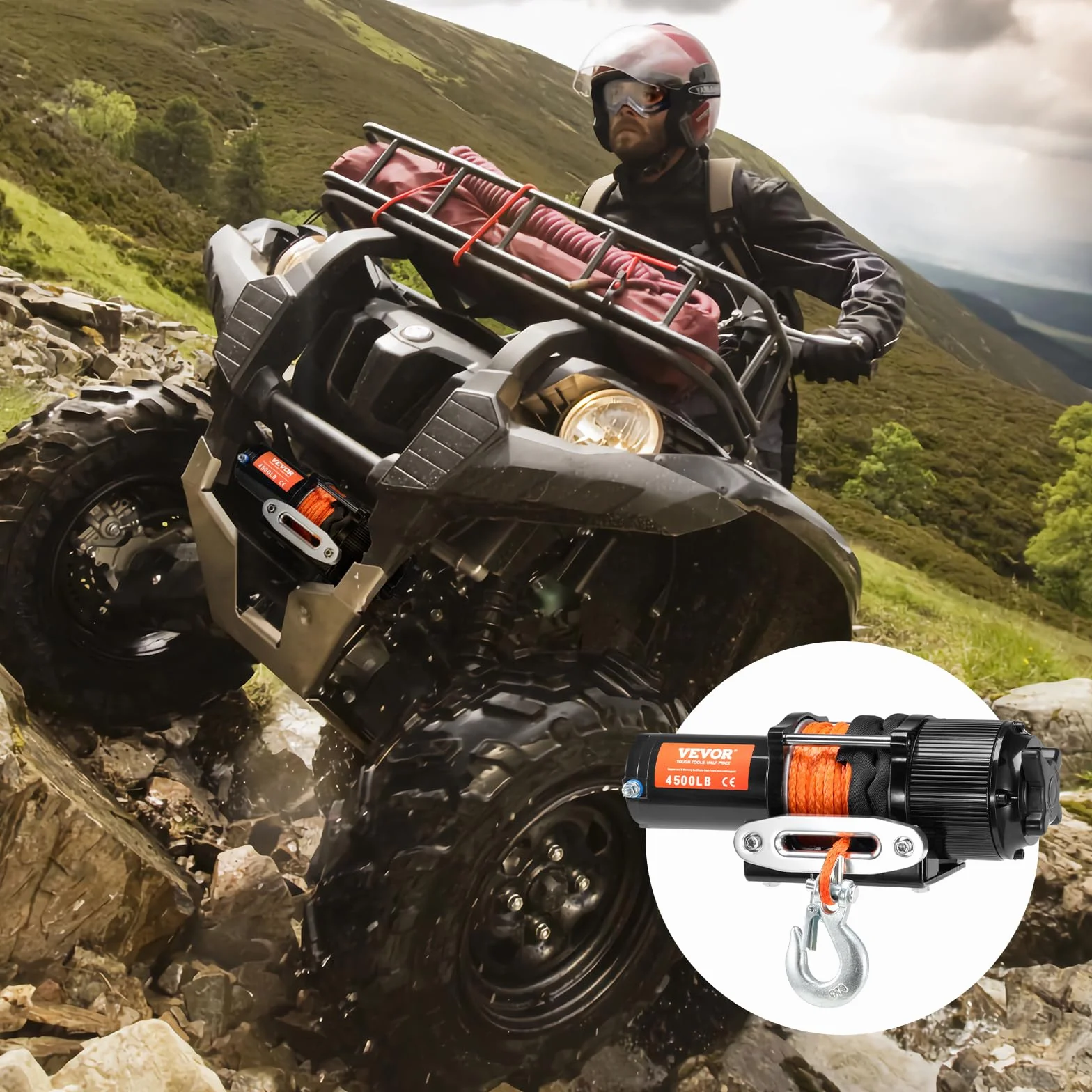 VEVOR Cabrestante Eléctrico ATV UTV Capacidad de Remolque 2041 kg 12 V DC Cuerda Sintética de 12 Hilos Φ0,6x1188,7 cm Control Remoto Inalámbrico y por Cable Impermeable IP55 para Remolque ATV UTV
