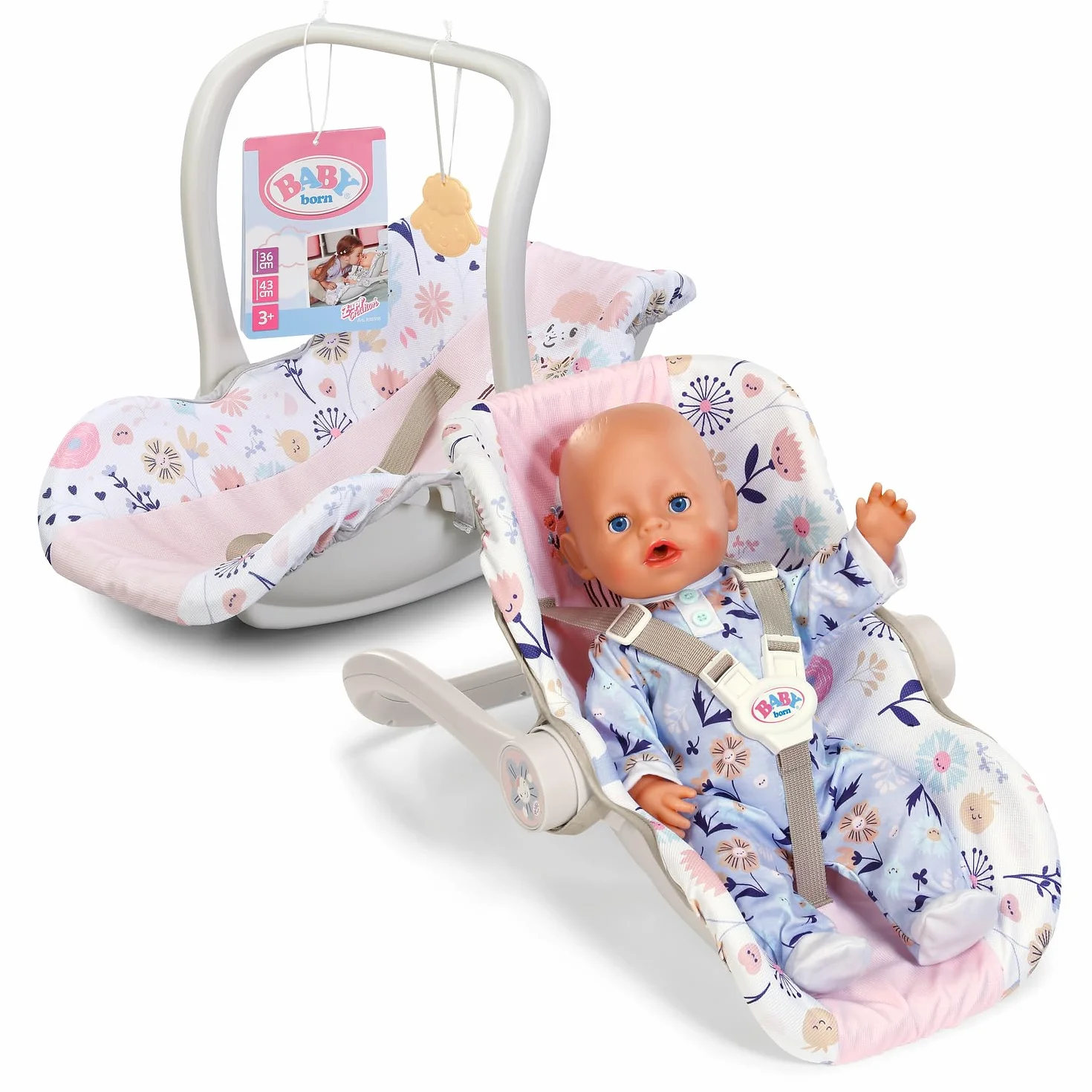 Baby Born Asiento de Coche para muñecas 36 cm 43 cm diseño Floral asa Transporte Ajustable arnés 3 Puntos