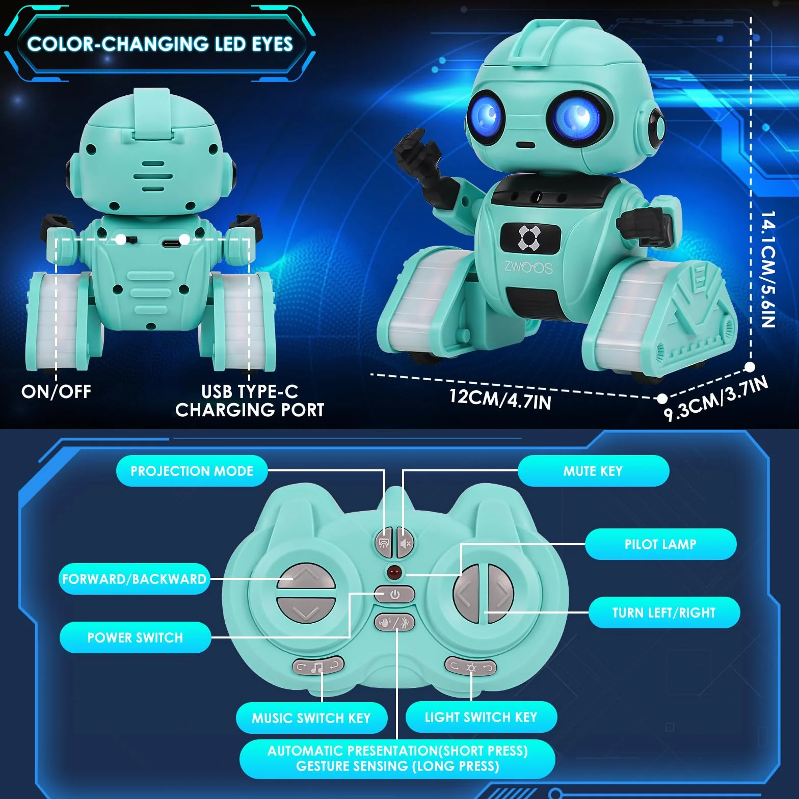 ZWOOS Robot Interactivo con Ojos LED y Música, Control por Gestos - Juguete para Niños 4-8 Años