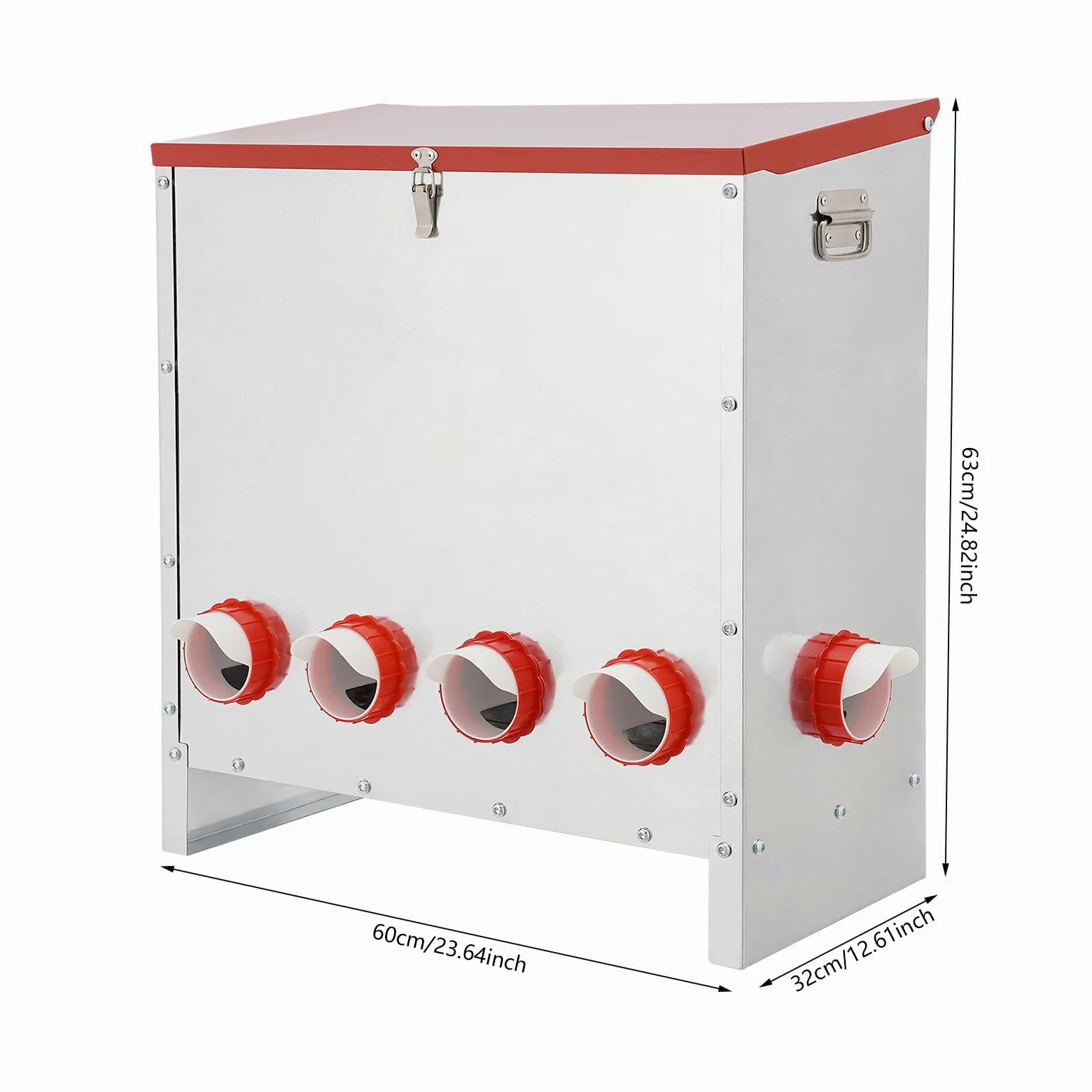 Comedero automático para gallinas, 30 kg/66 libras, de metal, con 10 orificios de alimentación y asa, resistente a la intemperie, adecuado para pollos, patos, aves de corral, etc.