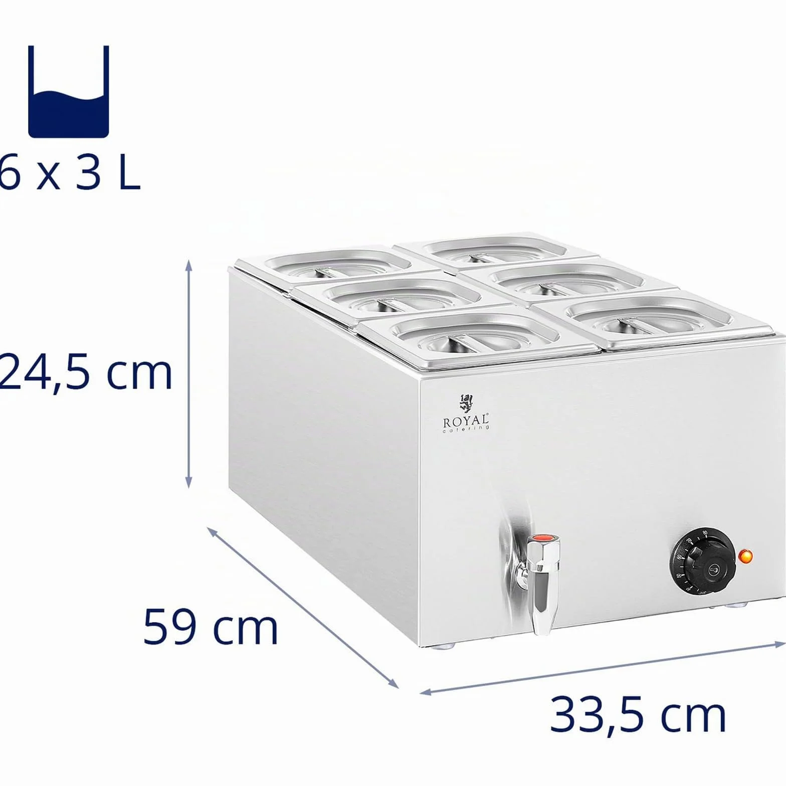 Royal Catering Baño María Profesional para Hostelería RCBM_GN1/6 (Potencia: 600 W, Cantidad de contenedores GN: 6, Volumen total: 6 x 3 L)