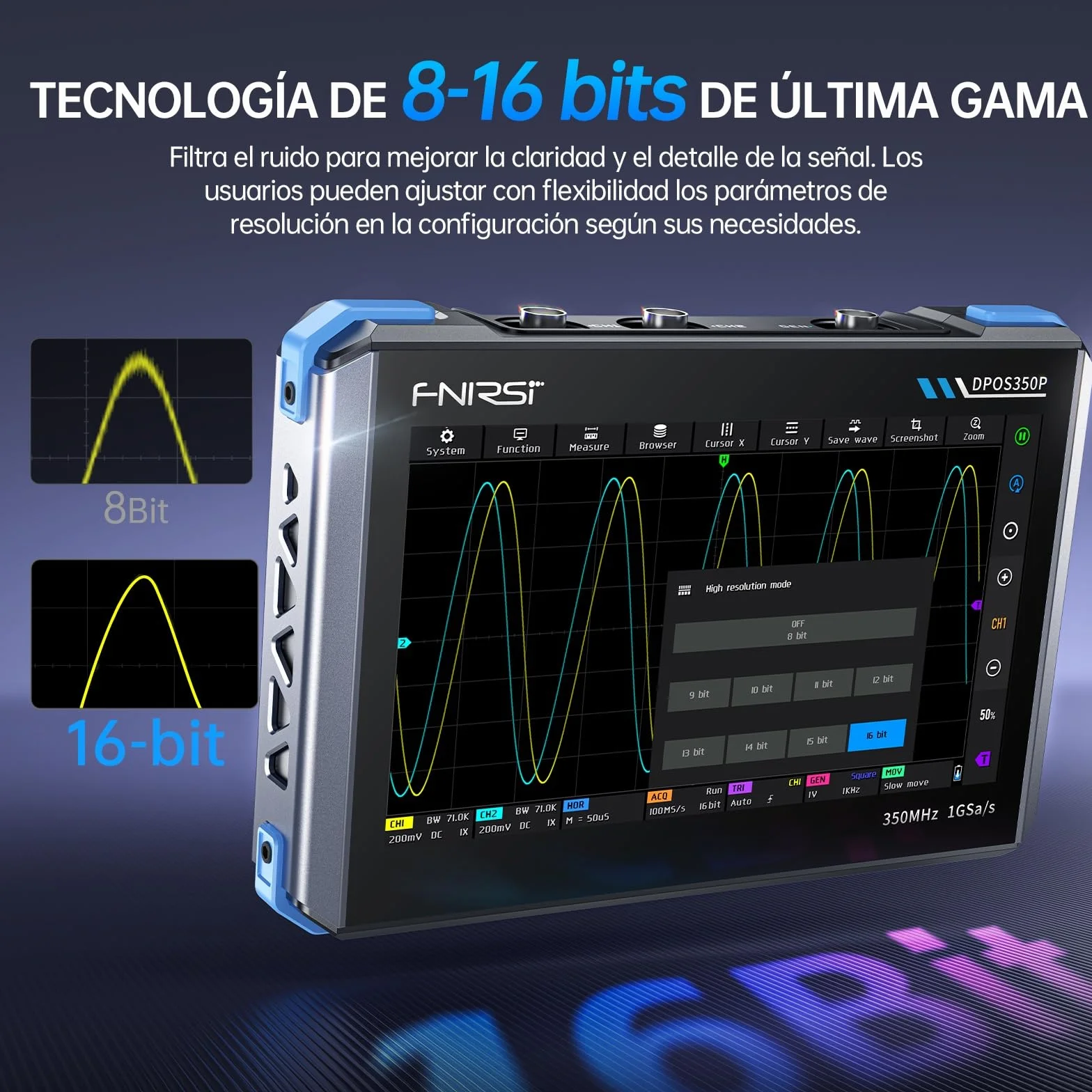 FNIRSI DPOS350P Osciloscopio de Tableta 4 en 1 de 350 MHz, Analizador de Espectro de 200 KHz~350 MHz, Analizador de Respuesta de Frecuencia y Generador DDS, Osciloscopio Portátil de 2CH y 1 GSa/s